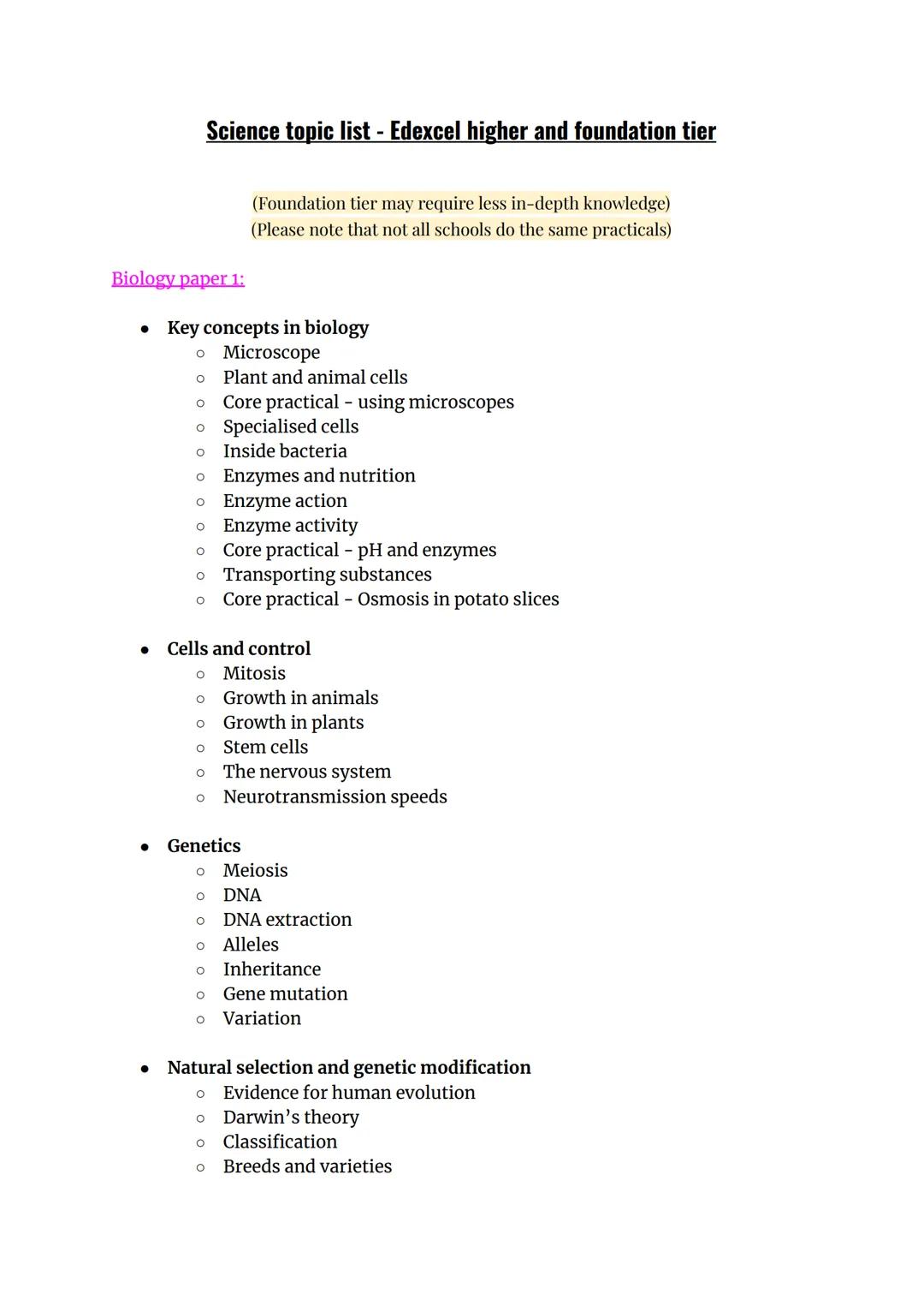 Science topic list - Edexcel higher and foundation tier
Biology paper 1:
(Foundation tier may require less in-depth knowledge)
(Please note