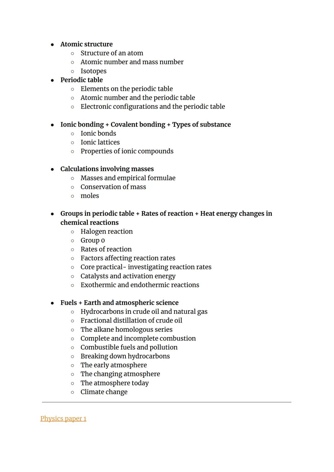 Science topic list - Edexcel higher and foundation tier
Biology paper 1:
(Foundation tier may require less in-depth knowledge)
(Please note