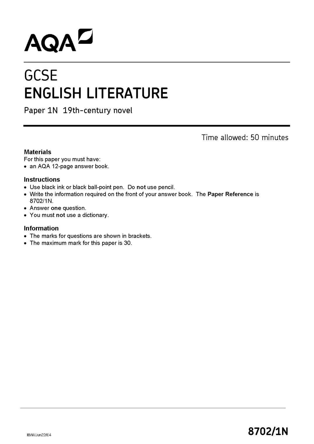 GCSE AQA English Literature Past Paper 1 19th Century Novel