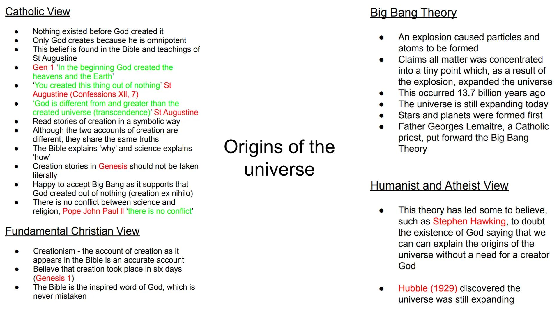 1.1 Origins and Meaning Origins and Meaning - Key Concepts
Origins and Meaning - Key Concepts
Creation ex nihilo
Evolution
creation out of n