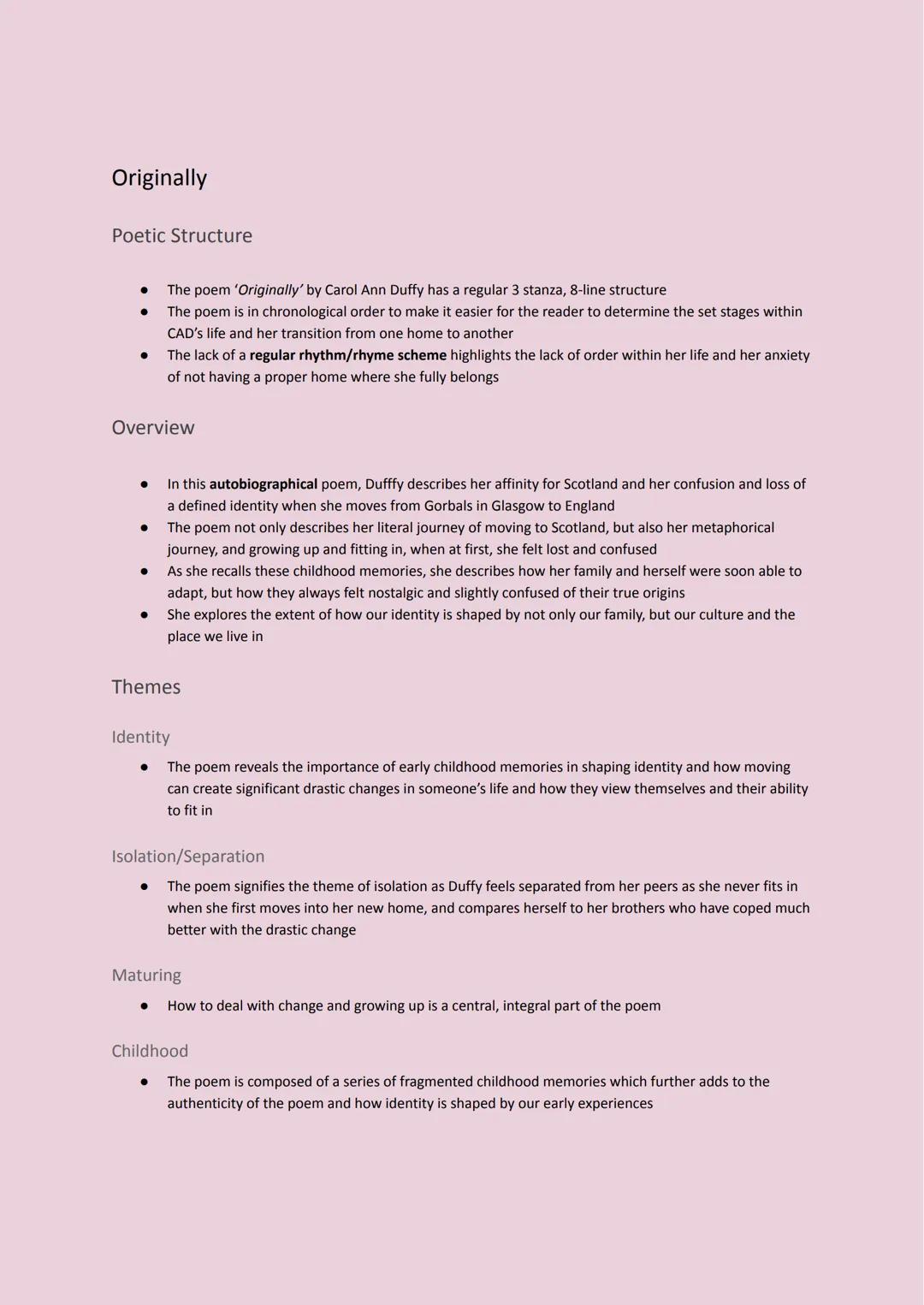 Carol Ann Duffy Poetry - Higher English TA Originally
Poetic Structure
The poem 'Originally' by Carol Ann Duffy has a regular 3 stanza, 8-li
