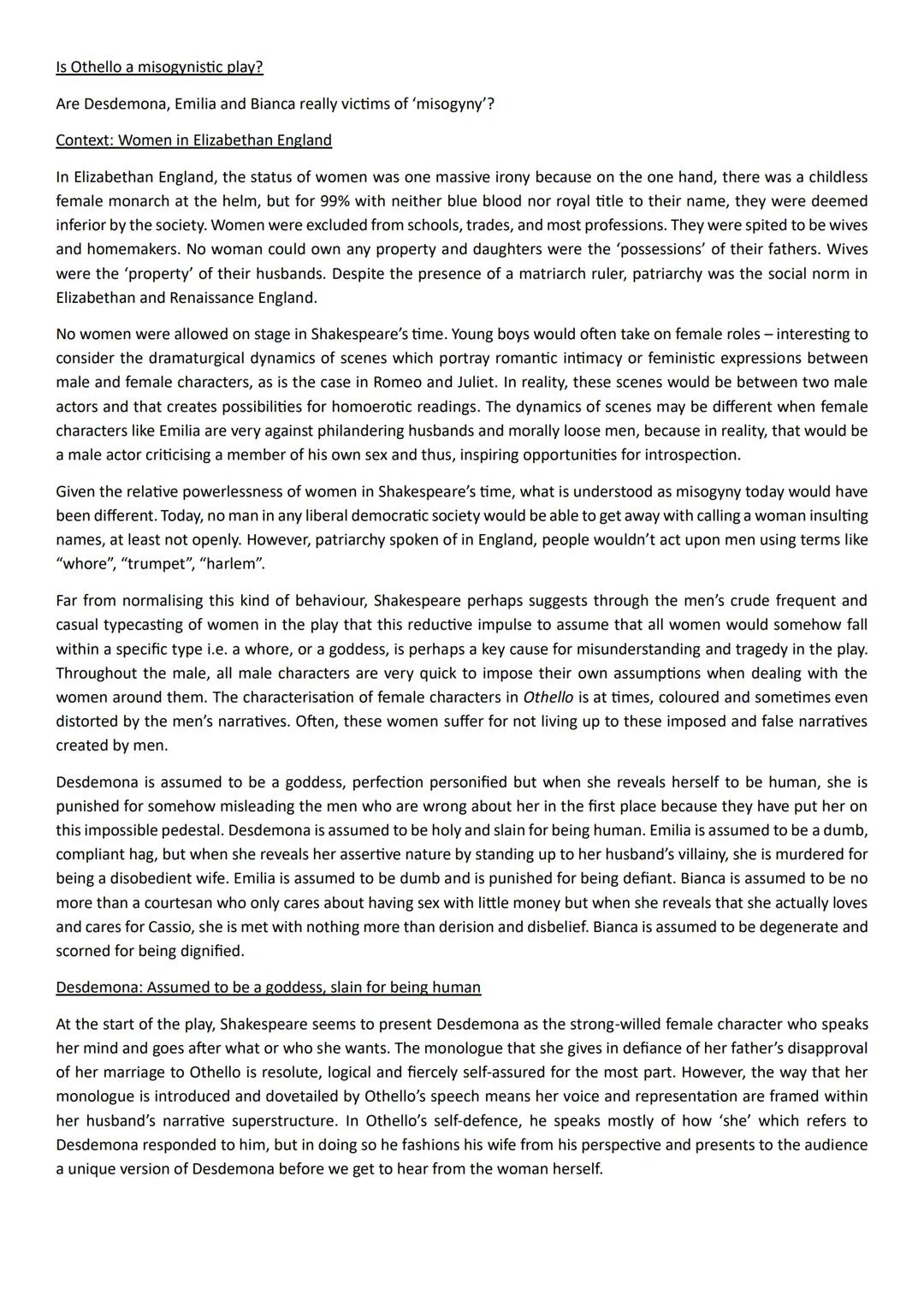 Is ‘Othello’ a misogynistic play? Character analysis of Desdemona, Emilia, and Bianca