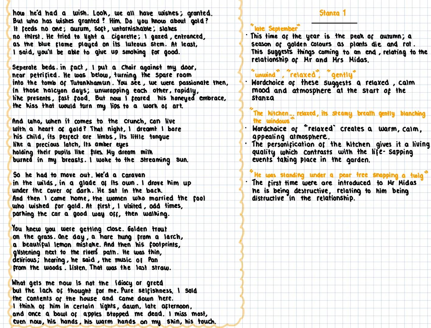 Mrs Midas
Carol ann Duffy
It was late September .I'd just poured a glass of wine, begun
to unwind, while the vegetables cooked. The kitchen