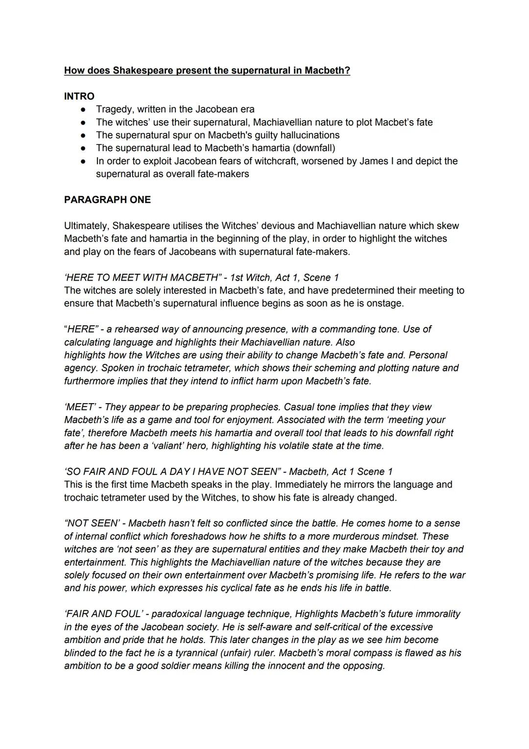 Macbeth Grade 9 Supernatural Essay Plan