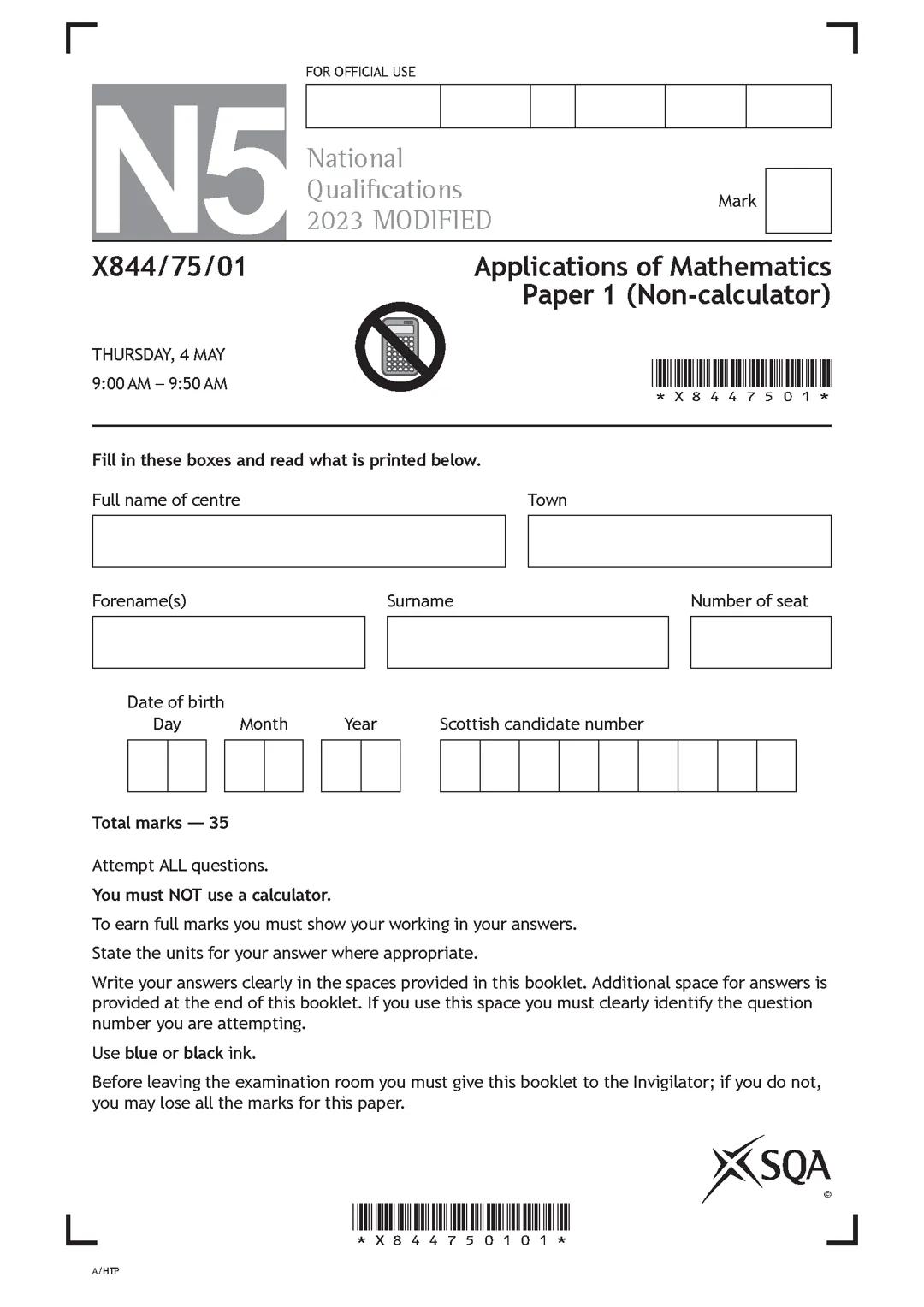 national 5 applications of maths 2023 paper one worked answers