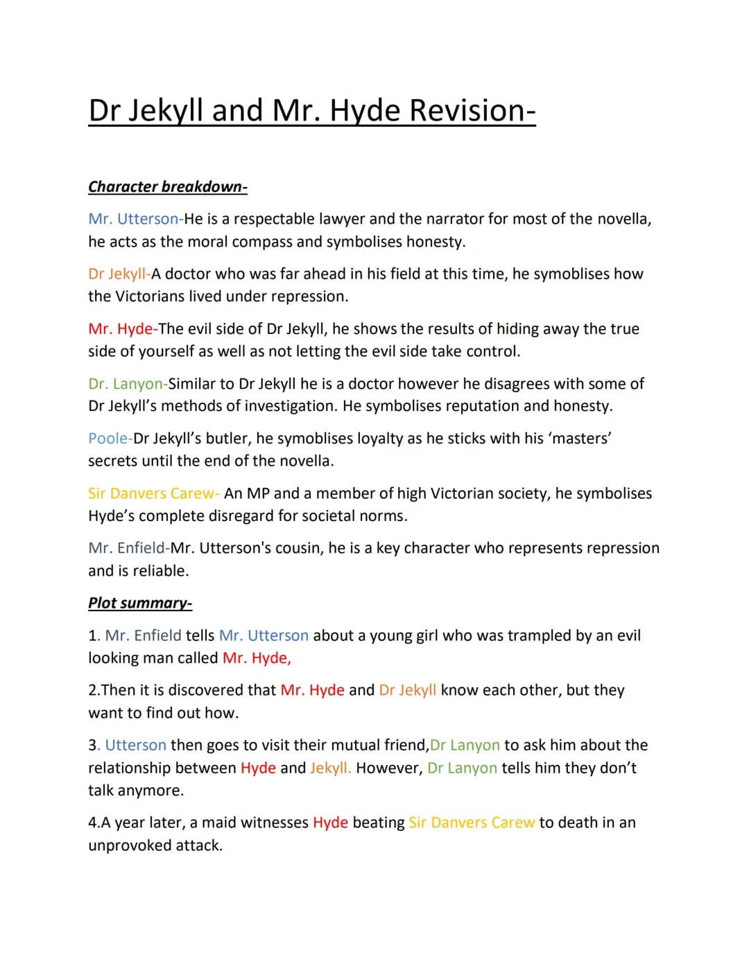# Dr Jekyll and Mr. Hyde Revision-
Character breakdown-
Mr. Utterson-He is a respectable lawyer and the narrator for most of the novella,