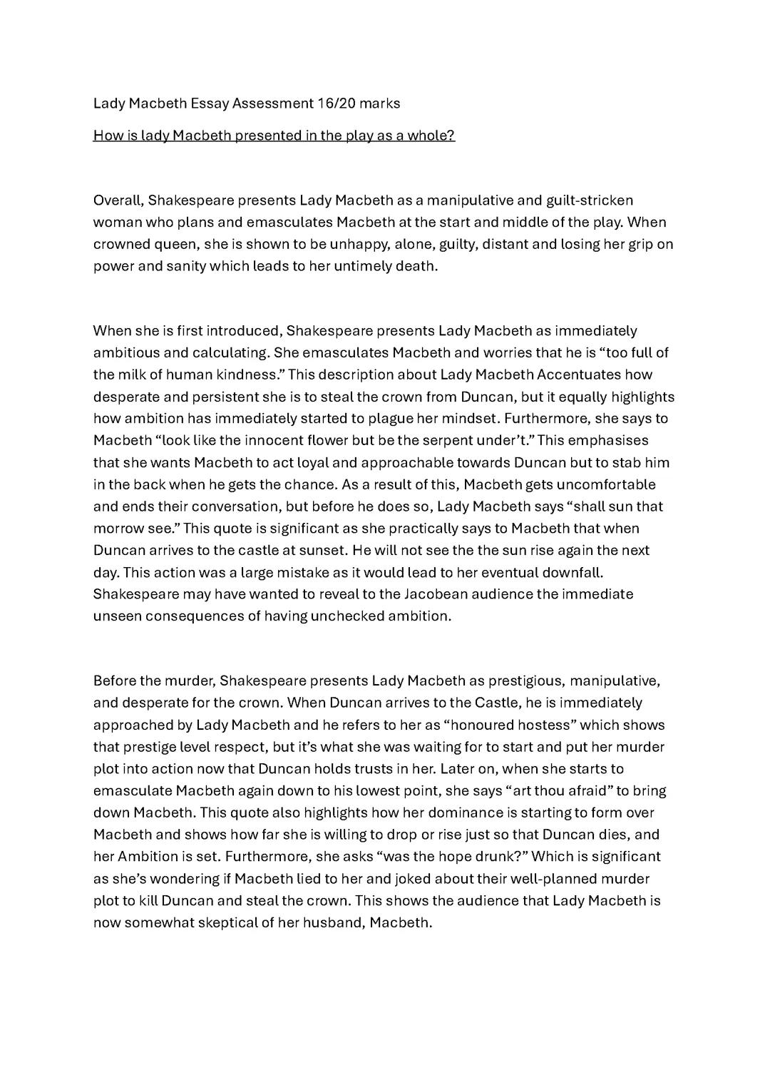 Lady Macbeth Essay Assessment