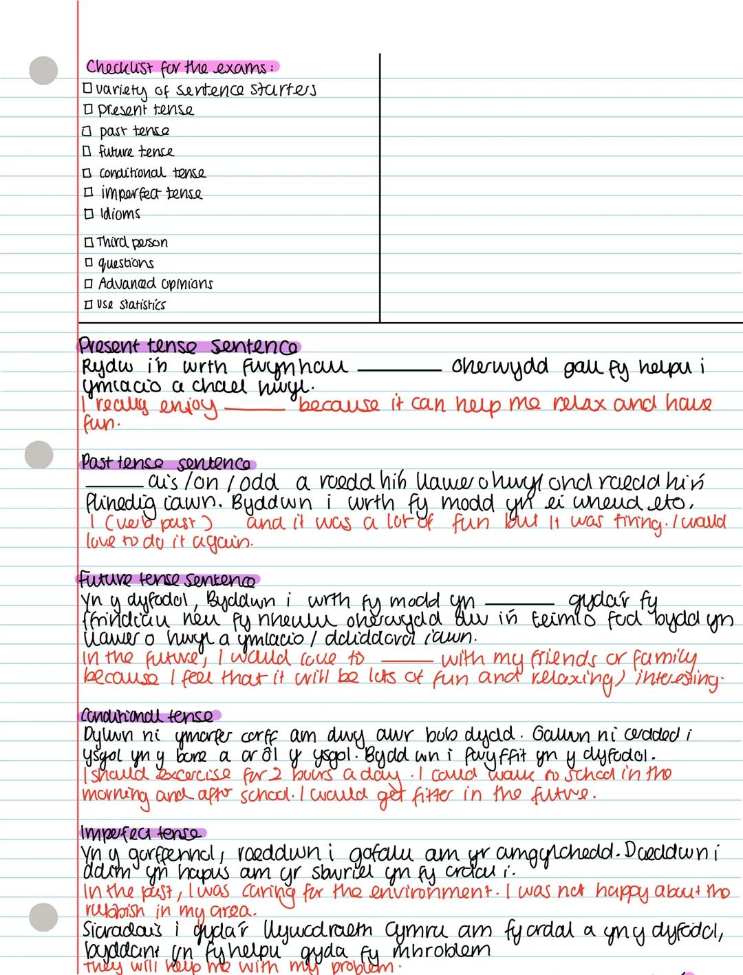 Checklist for the exams:
- variety of sentence starters
- present tense
- past tense
- future tence
- Conditional tense.
- imperfect tense
-