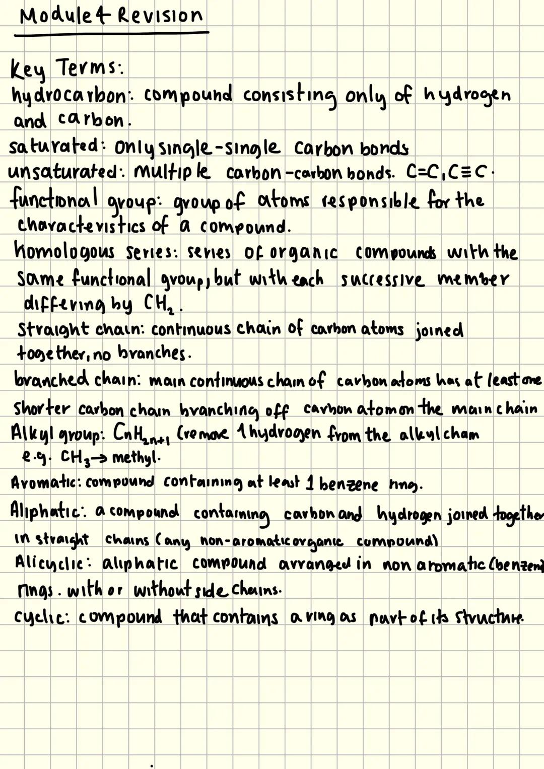 Module 4
OCR Chemistry Modulet Revision
Key Terms:
hydrocarbon: compound consisting only of hydrogen
and carbon.
saturated: Only single-sing