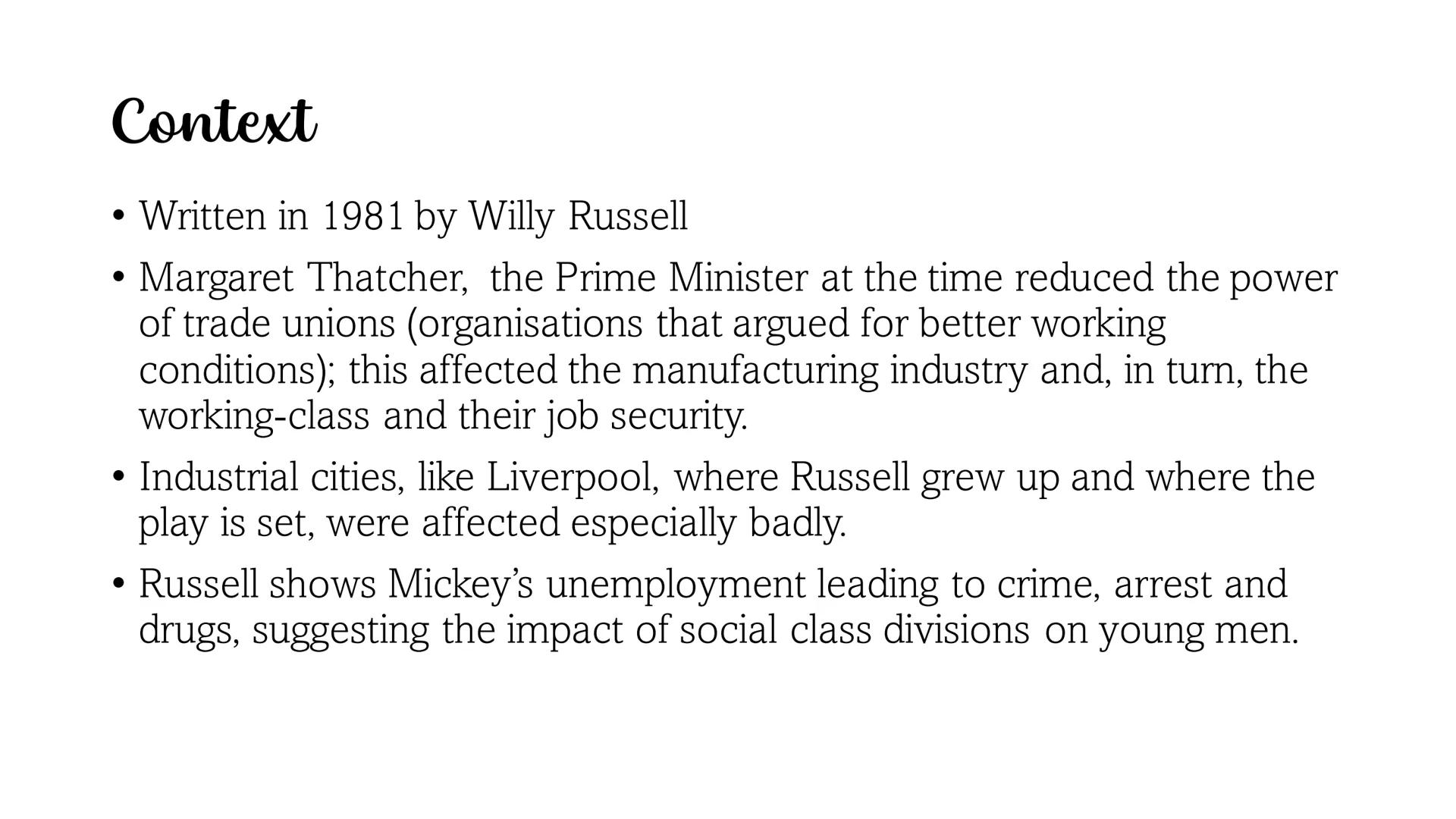 Blood Brothers Plot summary: Act 1
Mrs J falls
pregnant with
twins, she is
persuaded to
give one to her
employer, Mrs
L as she is
already
st