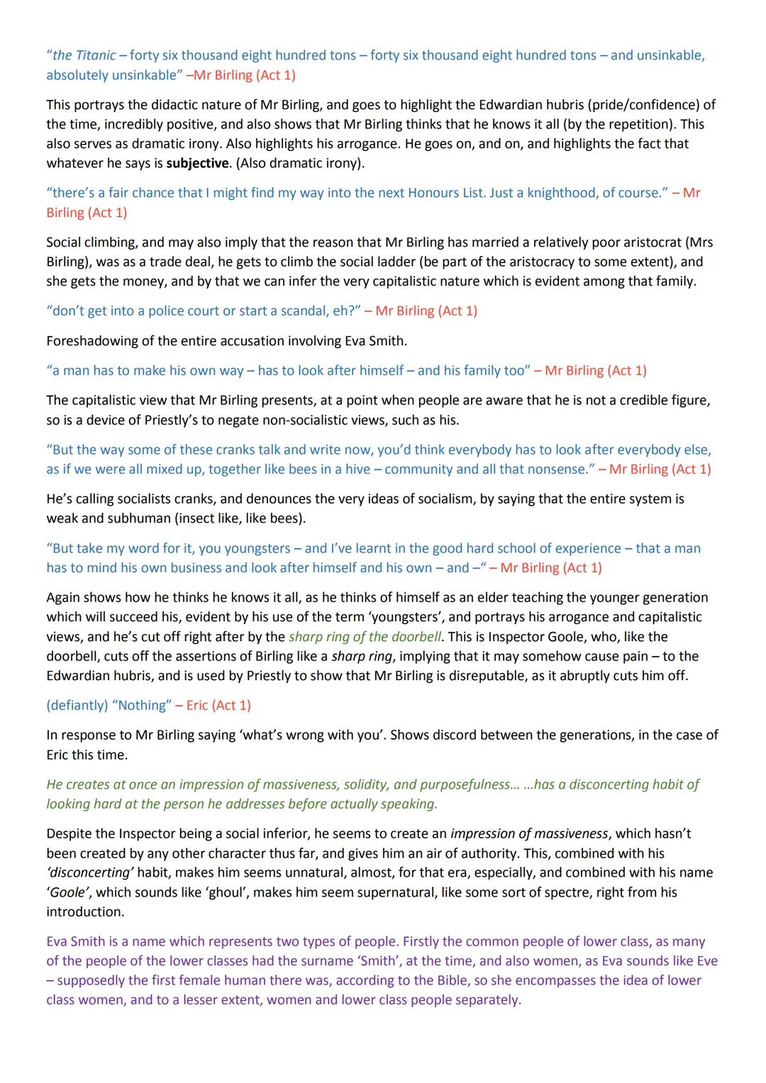 # Inspector Calls Key Quotes and Analysis
This colour is the character/act reference, this is for stage directions, this is a quote, this i