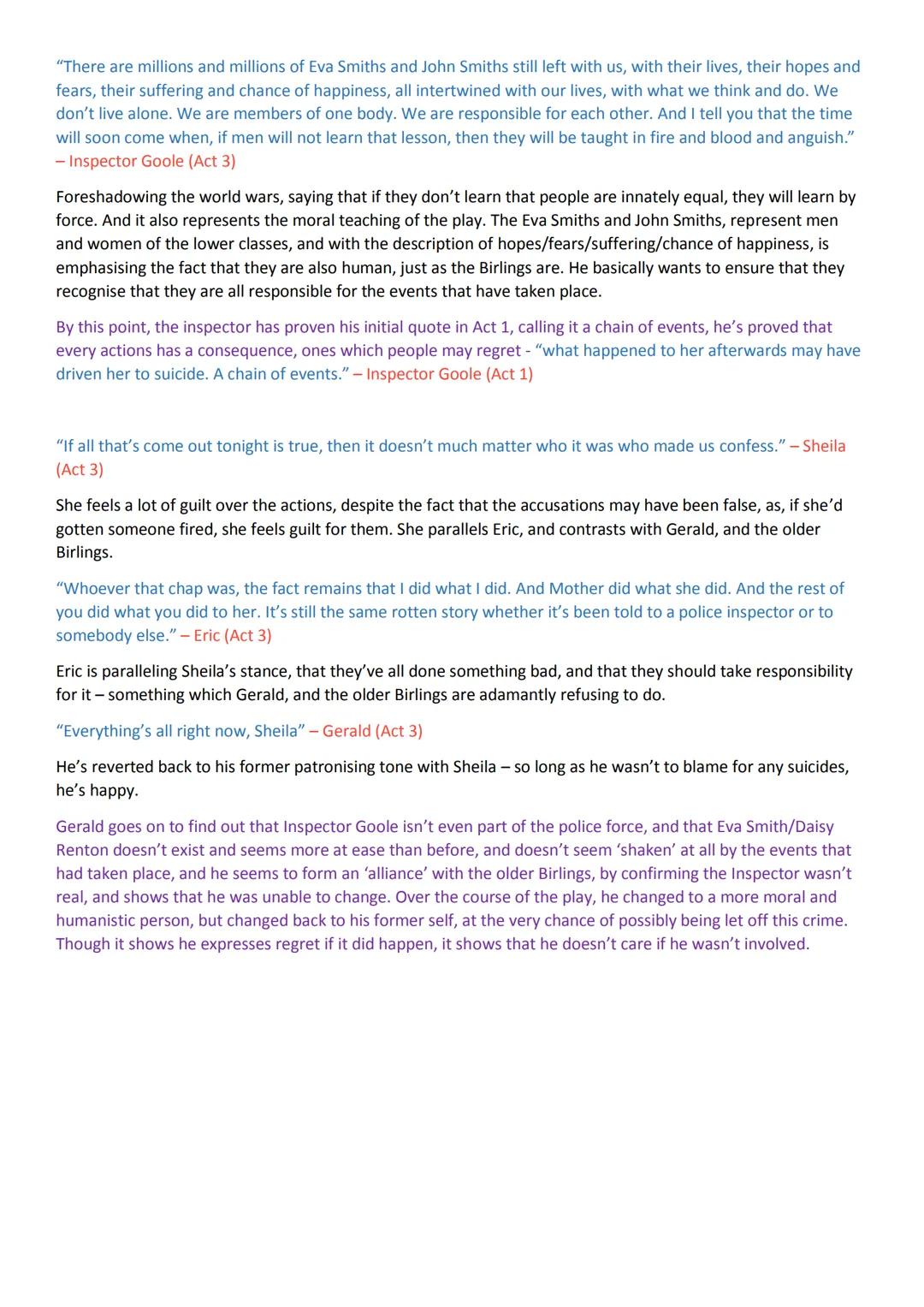 # Inspector Calls Key Quotes and Analysis
This colour is the character/act reference, this is for stage directions, this is a quote, this i