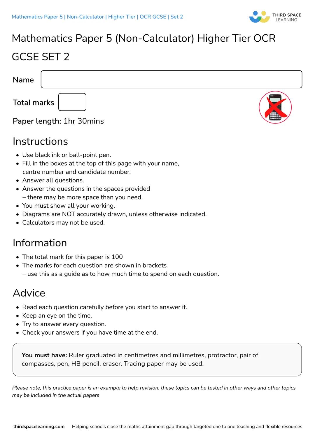 THIRD SPACE
LEARNING
Mathematics
Paper 5
(Non-Calculator)
Higher Tier
OCR GCSE
SET 2 THIRD SPACE
LEARNING
Mathematics Paper 5 | Non-Calculat
