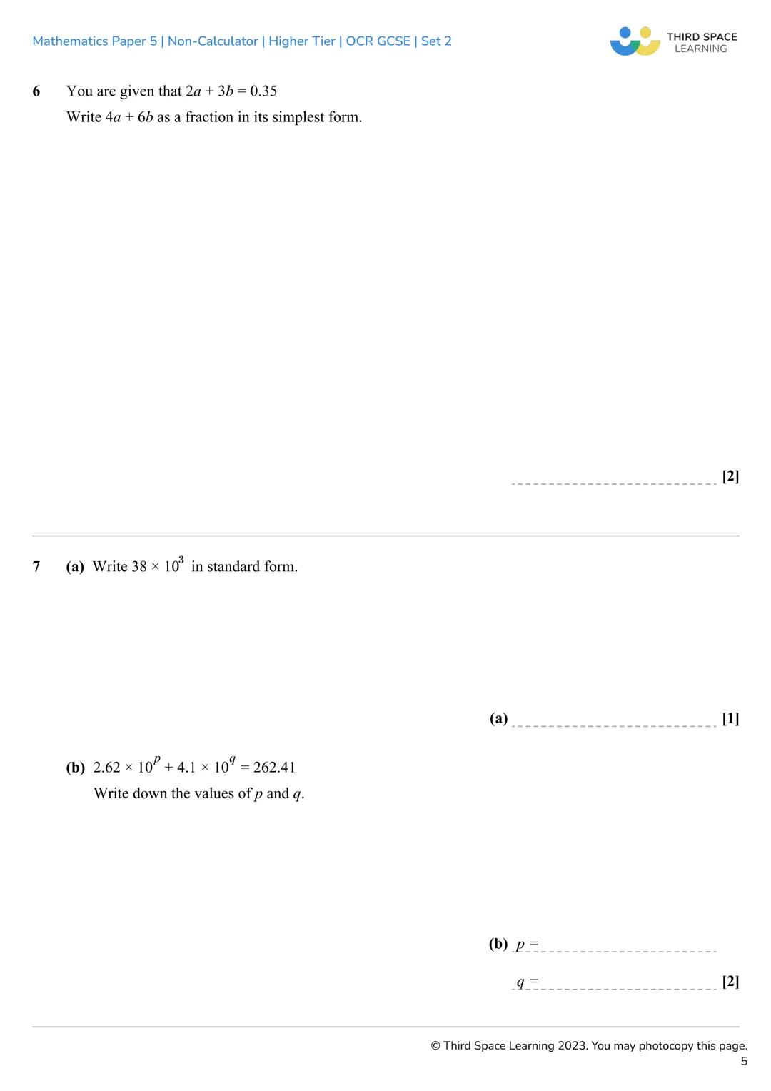 THIRD SPACE
LEARNING
Mathematics
Paper 5
(Non-Calculator)
Higher Tier
OCR GCSE
SET 2 THIRD SPACE
LEARNING
Mathematics Paper 5 | Non-Calculat