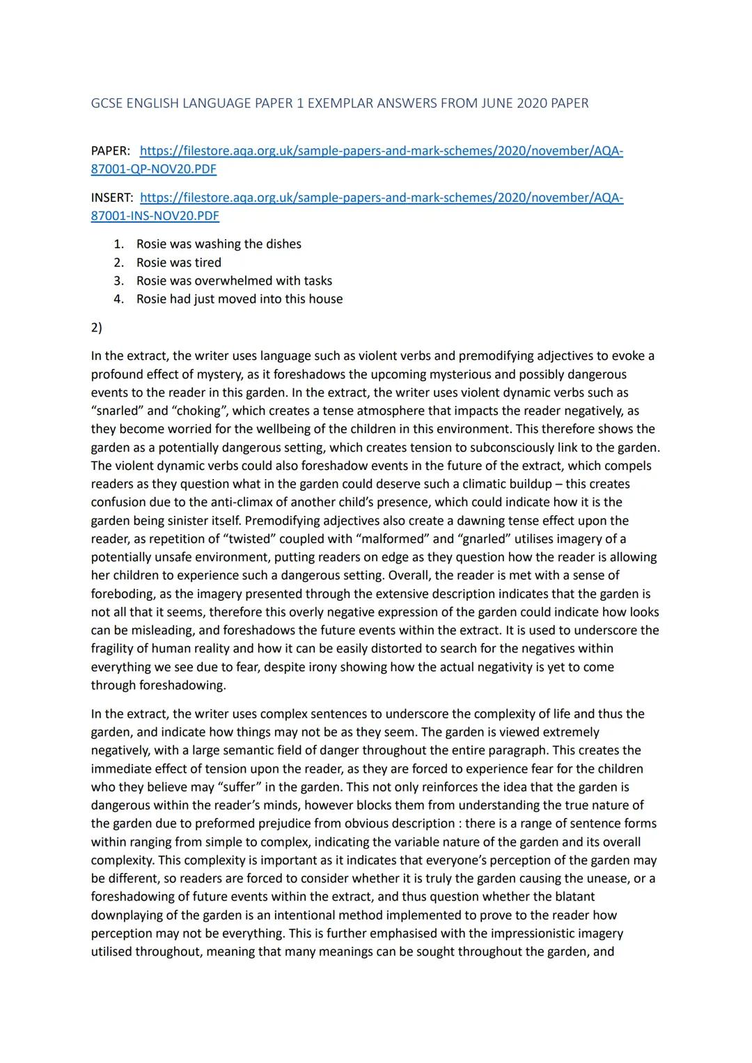 GCSE ENGLISH LANGUAGE PAPER 1 EXEMPLAR ANSWERS FROM JUNE 2020 PAPER
PAPER: https://filestore.aga.org.uk/sample-papers-and-mark-schemes/2020