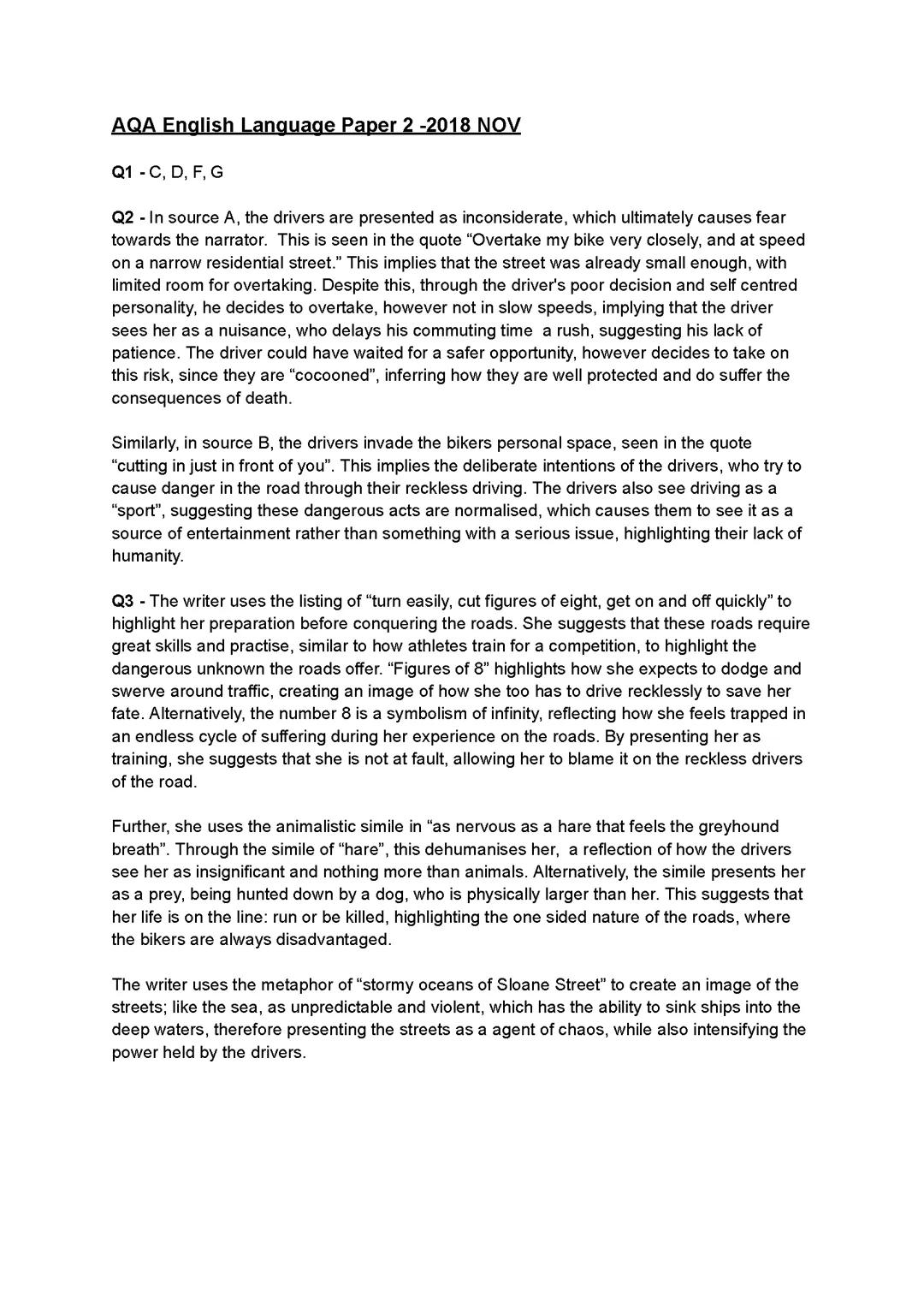 AQA English Language Paper 2: November 2018 Model Answer with Examples