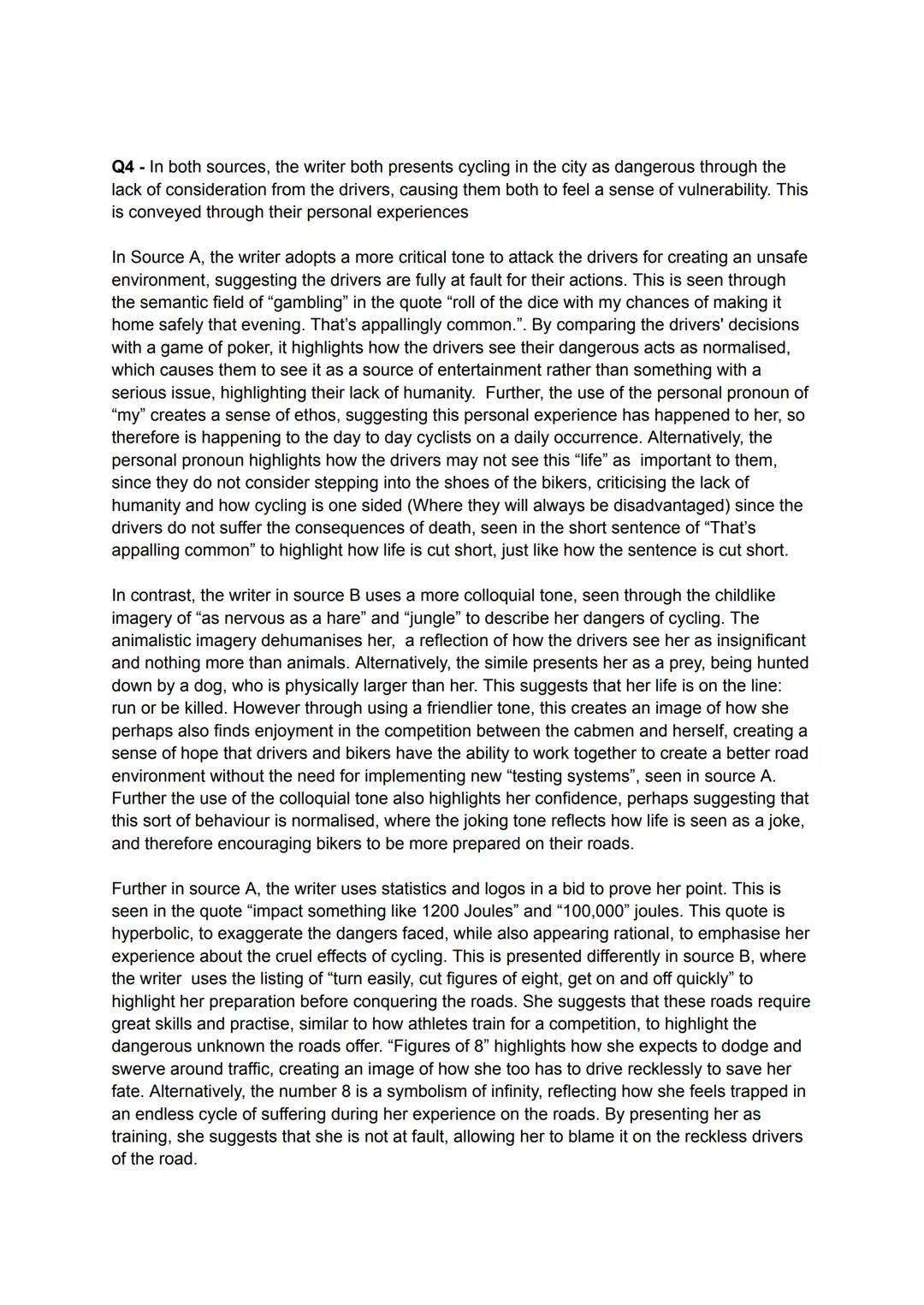 AQA English Language Paper 2 -2018 NOV
Q1 - C, D, F, G
Q2 - In source A, the drivers are presented as inconsiderate, which ultimately causes