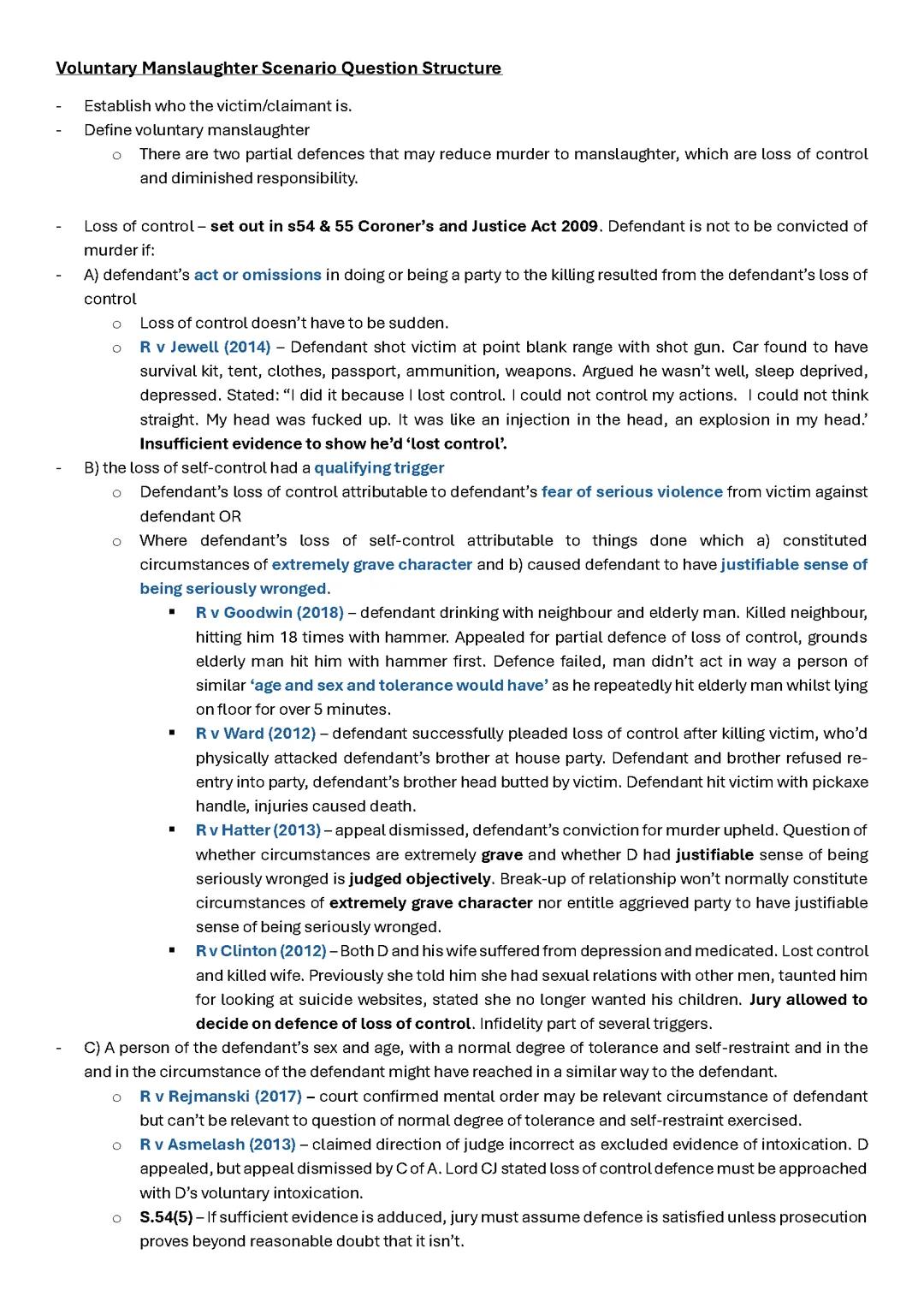 Voluntary Manslaughter Scenario Question Structure