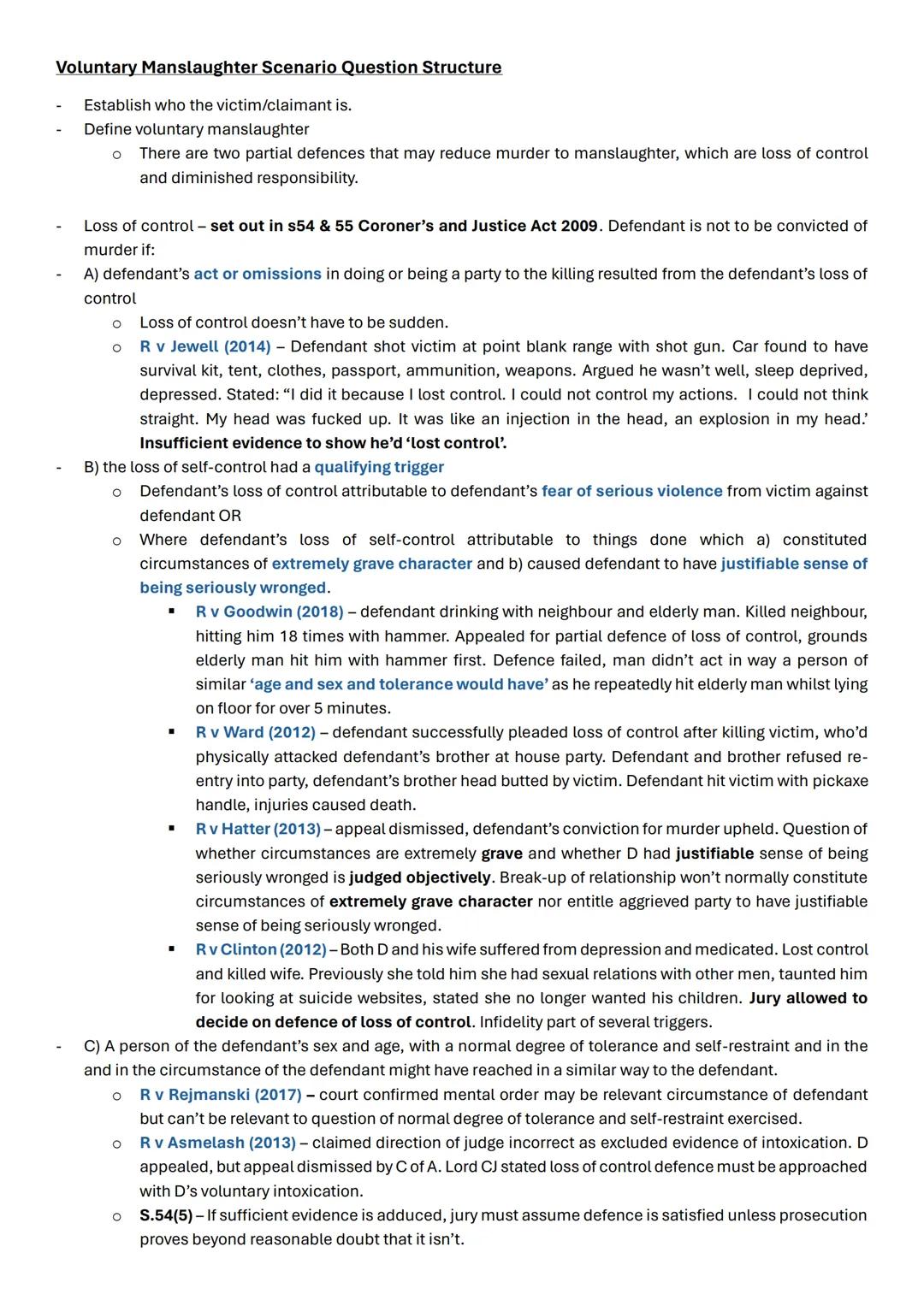 Voluntary Manslaughter Scenario Question Structure
Establish who the victim/claimant is.
Define voluntary manslaughter
о There are two parti