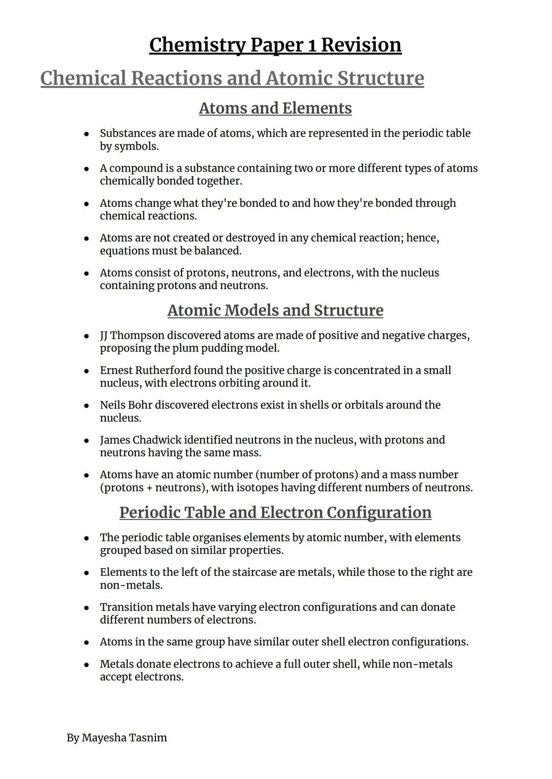 Chemistry Paper 1 Revision
Chemical Reactions and Atomic Structure
•
•
•
Atoms and Elements
Substances are made of atoms, which are represen