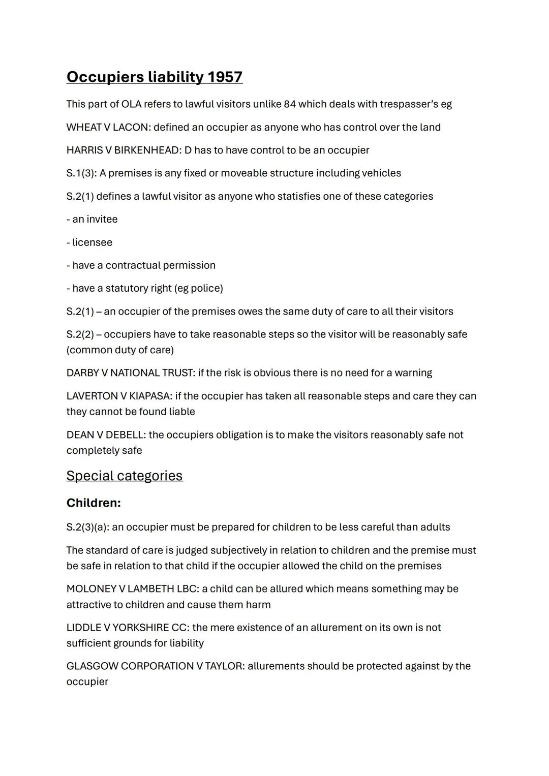 Tort law
- aims of tort
- negligence
- Occupiers liability 1957
- Occupiers liability 1984
- Nuisance
- Rylands v Fletcher
- Vicarious liabi