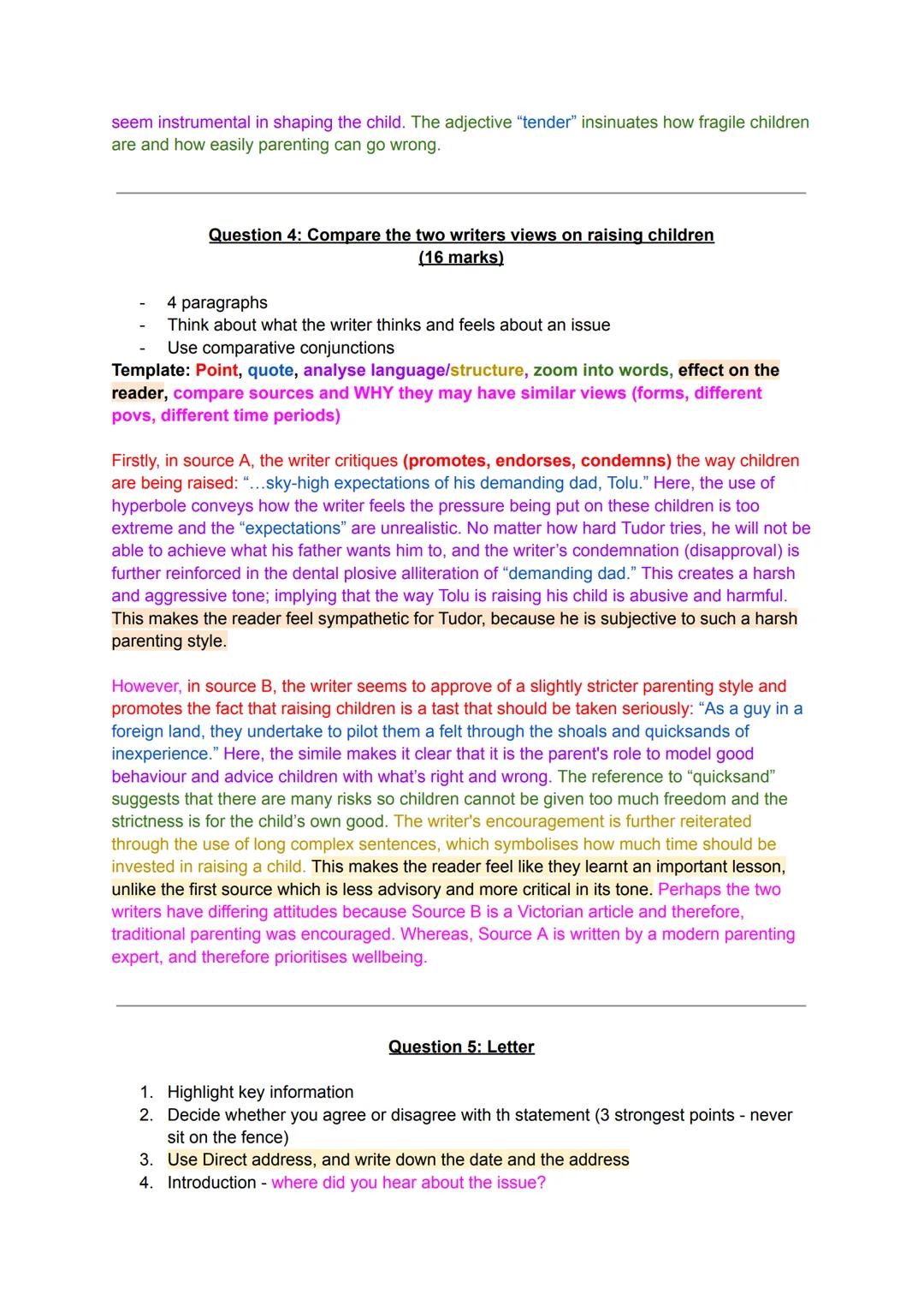 Question 2: Write a summary of the different ways to raise a child who is clever (8
marks)
2 paragraphs - no language analysis.
Template: