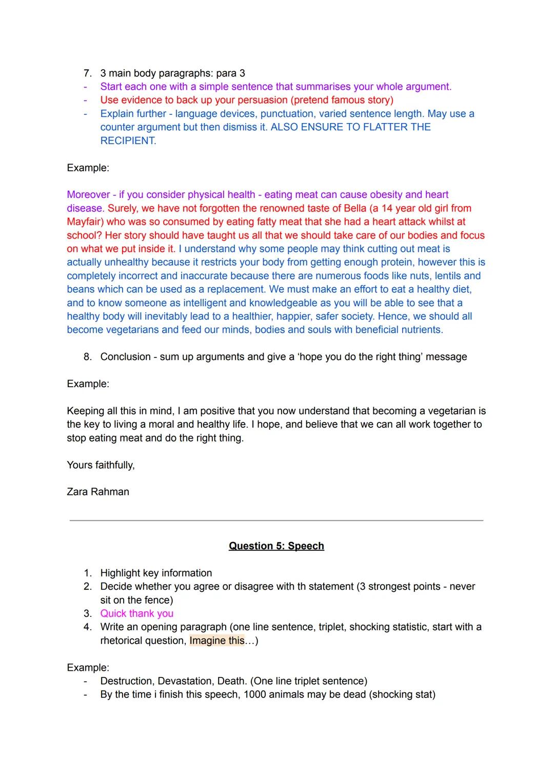 Question 2: Write a summary of the different ways to raise a child who is clever (8
marks)
2 paragraphs - no language analysis.
Template:
