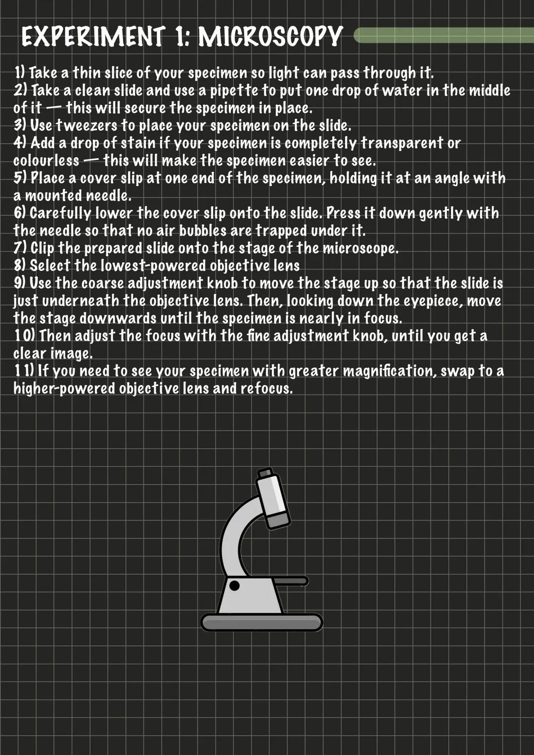 # EXPERIMENT 1: MICROSCOPY
1) Take a thin slice of your specimen so light can pass through it.
2) Take a clean slide and use a pipette to p