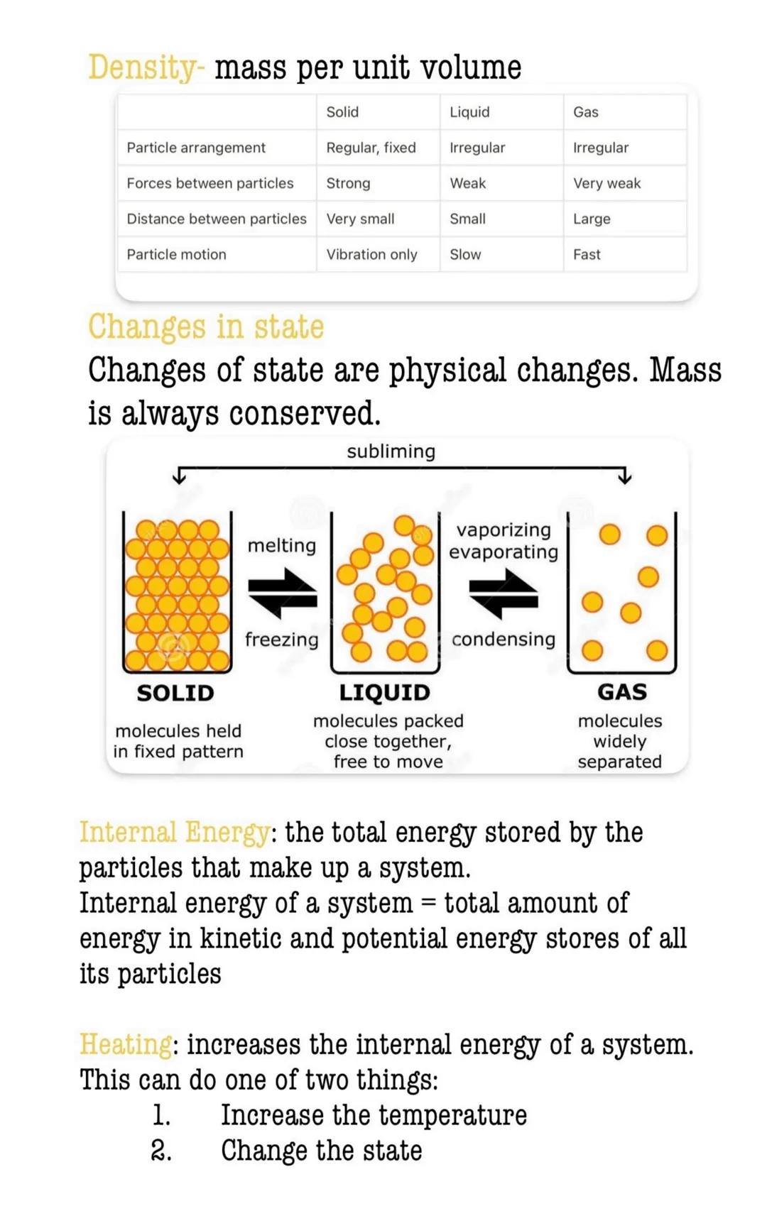 # Topic 3: particle
model of matter Density- mass per unit volume
| | Solid | Liquid | Gas |
| ---