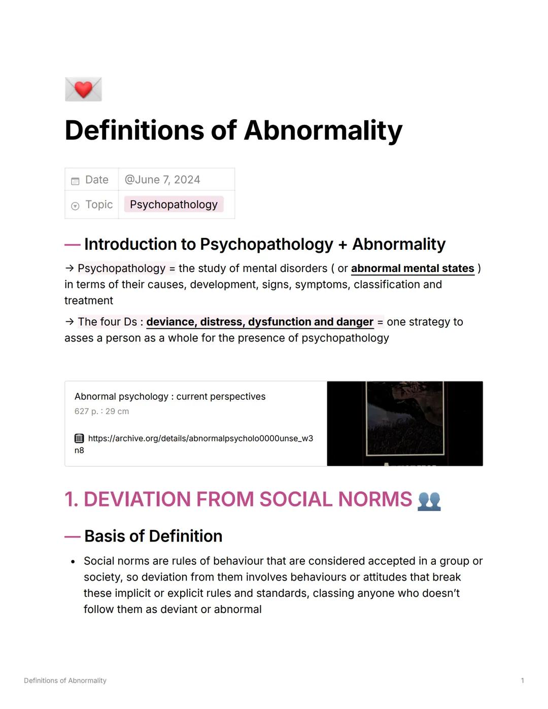 Definitions of Abnormality
Date
Ⓒ Topic
@June 7, 2024
Psychopathology
Introduction to Psychopathology + Abnormality
→ Psychopathology = the