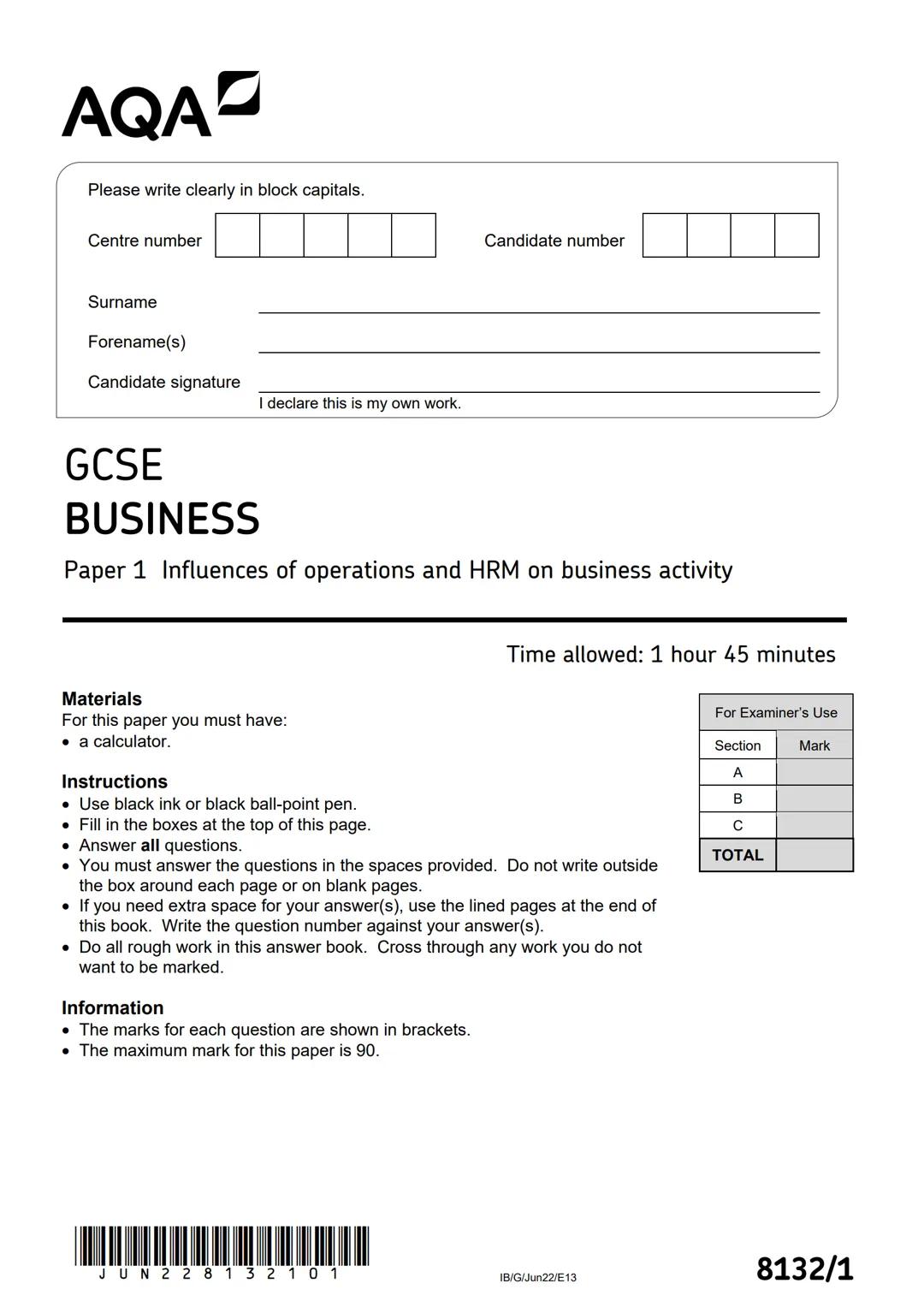 AQA
Please write clearly in block capitals.
Centre number
Surname
Forename(s)
Candidate signature
I declare this is my own work.
Candidate n