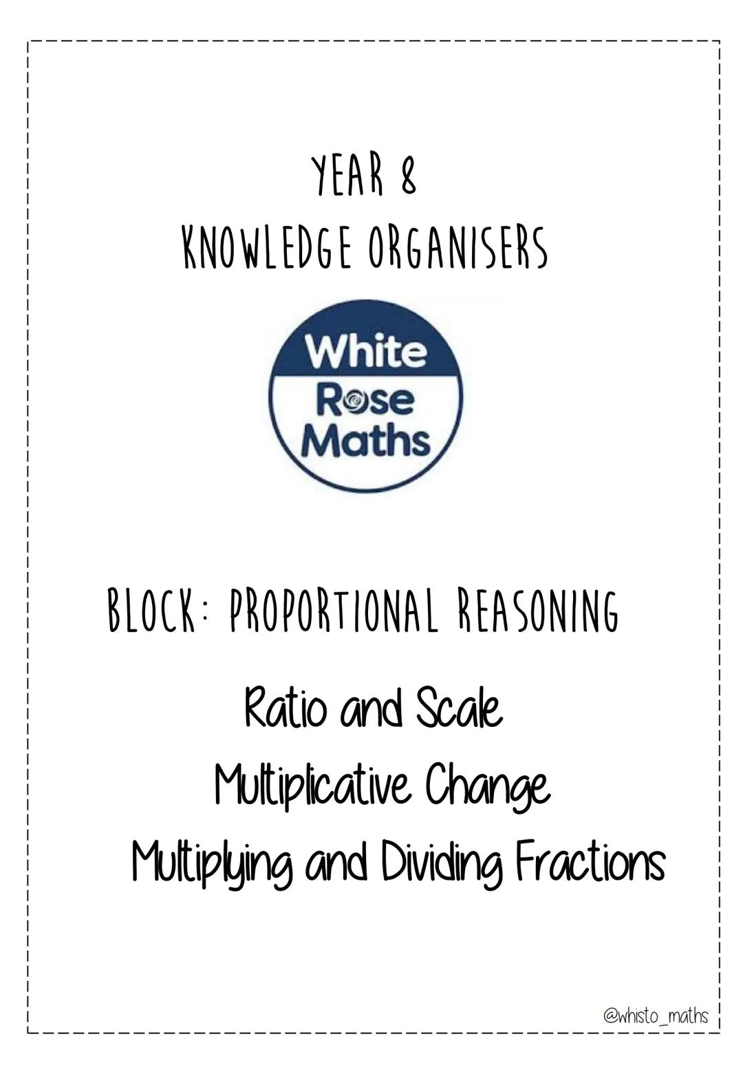 YEAR 8
KNOWLEDGE ORGANISERS
White
Rose
Maths
|
|
|
BLOCK: PROPORTIONAL REASONING
Ratio and Scale
Multiplicative Change
Multiplying and Divid