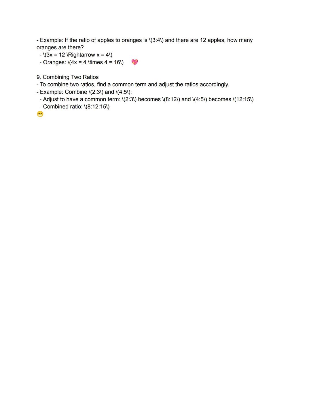 Revision Sheet: Ratios
1. Compare Quantities Using Ratio
- A ratio compares two quantities to show the relative sizes of each quantity.
- Ex
