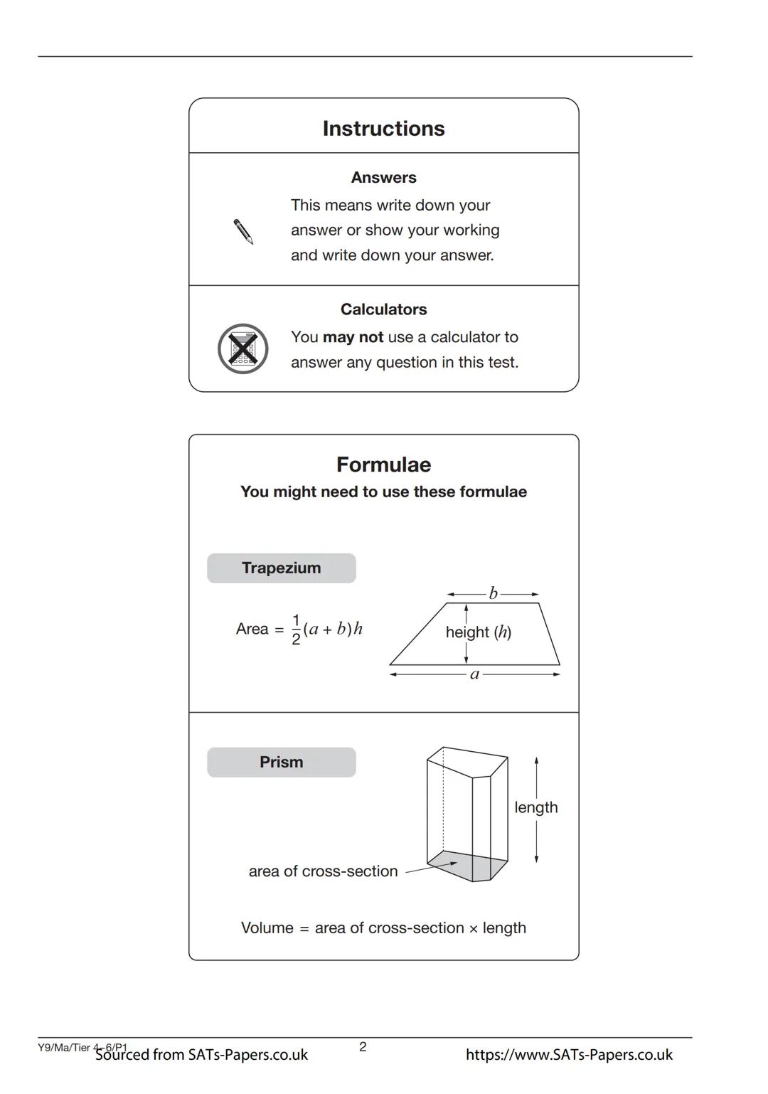 Ma
KEY STAGE
3
Year 9 mathematics test
TIER
4-6
Paper 1
Calculator not allowed
First name
Last name
Class
Date
Please read this page, but do