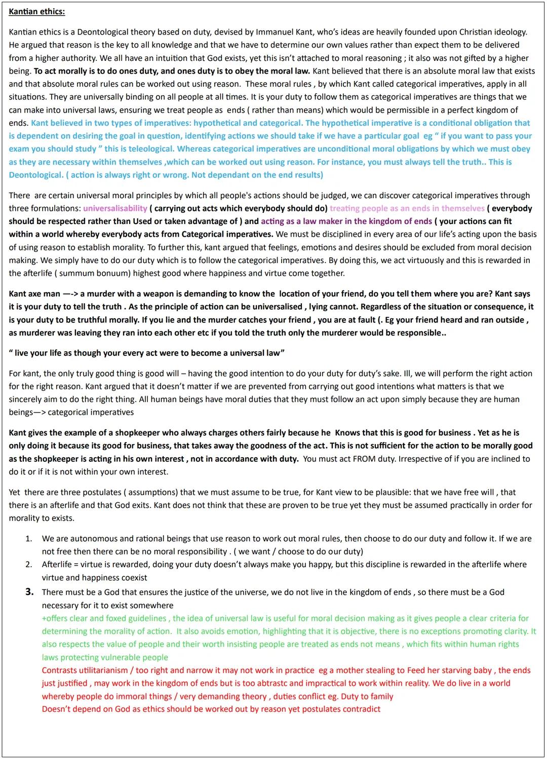 # Kantian ethics:
Kantian ethics is a Deontological theory based on duty, devised by Immanuel Kant, who's ideas are heavily founded upon Ch