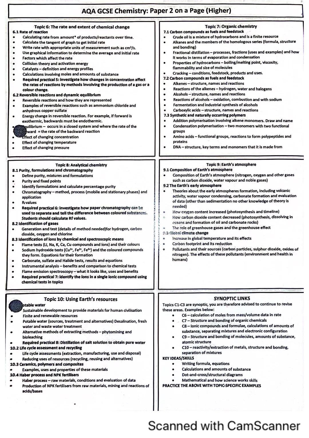 AQA GCSE Chemistry: Paper 2 on a page (Higher)