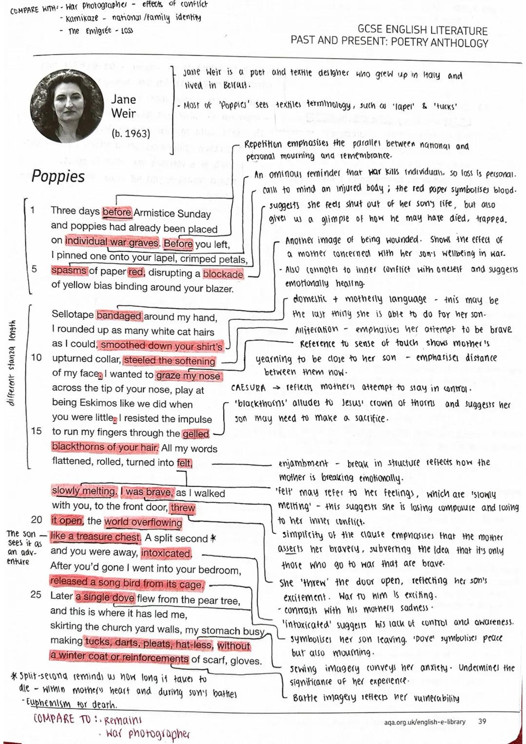 Poppies Annotations: AQA Anthology detailed notes