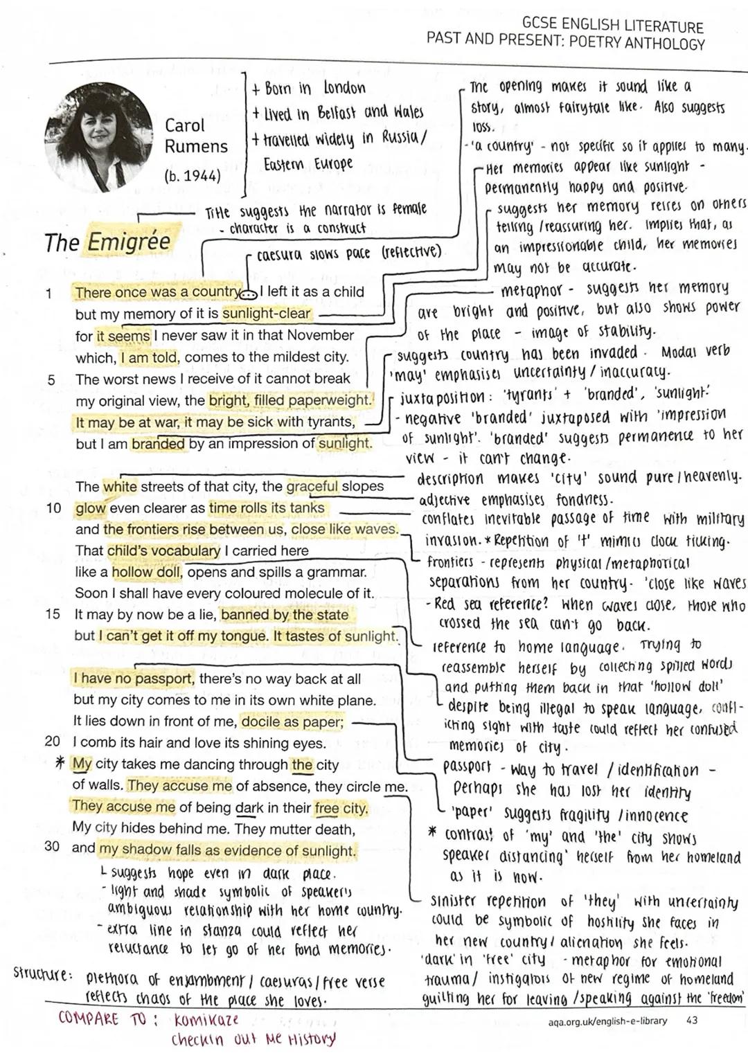 The Emigrée Annotations: AQA Anthology detailed notes