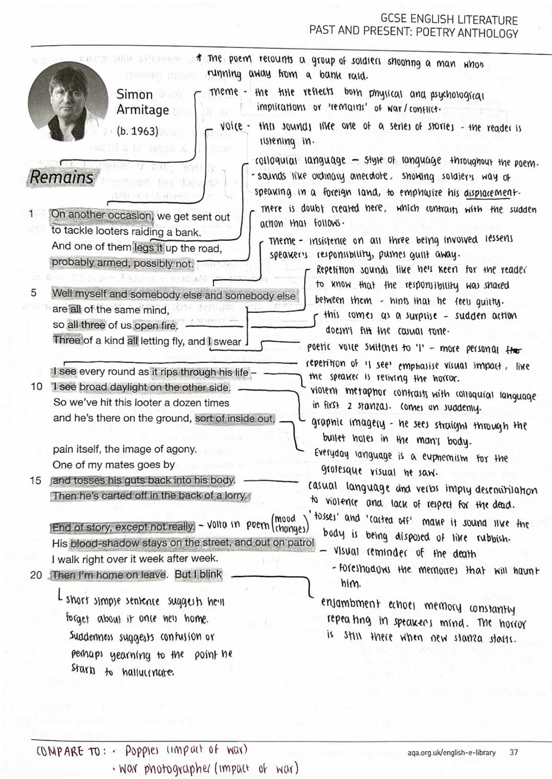 Remains Annotations: AQA Anthology detailed notes