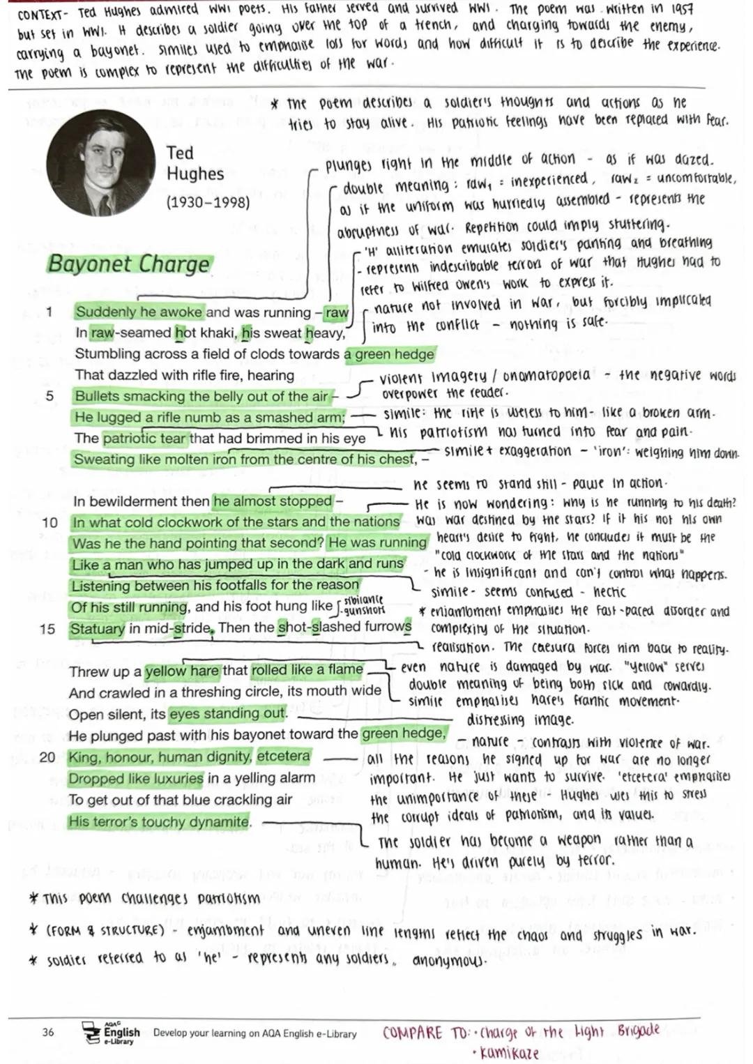 CONTEXT- Ted Hughes admired WWI poets. His father served and survived WWI. The poem was written in 1957
but set in WWI. It describes a soldi