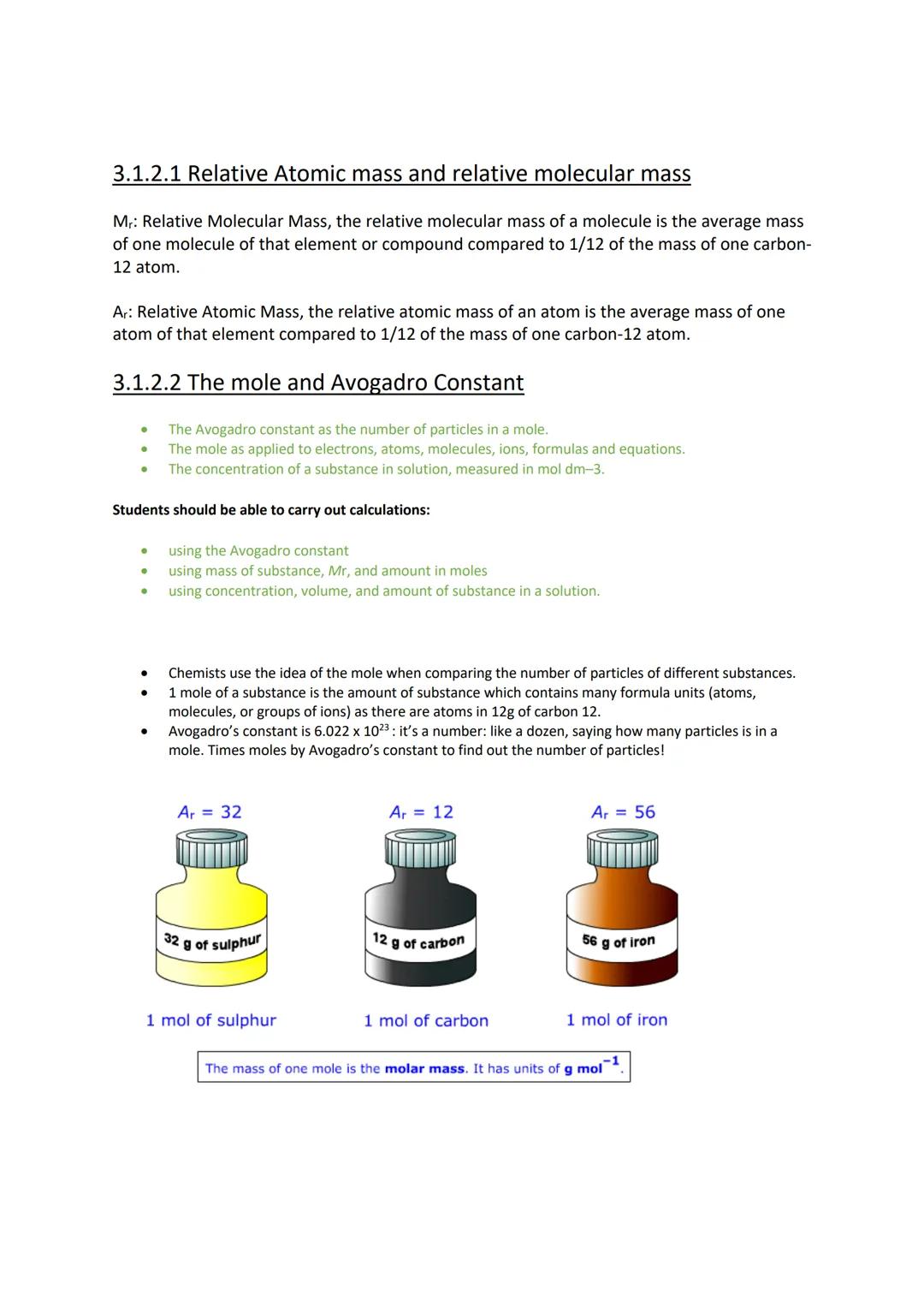 3.1.2.1 Relative Atomic mass and relative molecular mass
Mr: Relative Molecular Mass, the relative molecular mass of a molecule is the avera