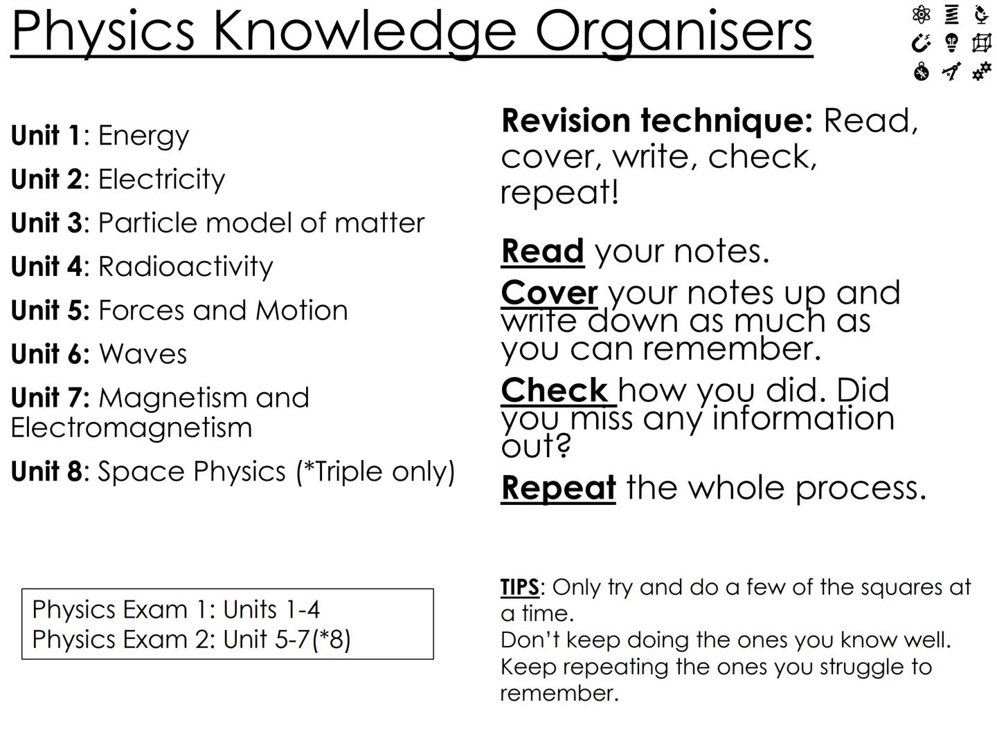 Physics Knowledge Organisers
Unit 1: Energy
Unit 2: Electricity
Unit 3: Particle model of matter
Unit 4: Radioactivity
Unit 5: Forces and Mo