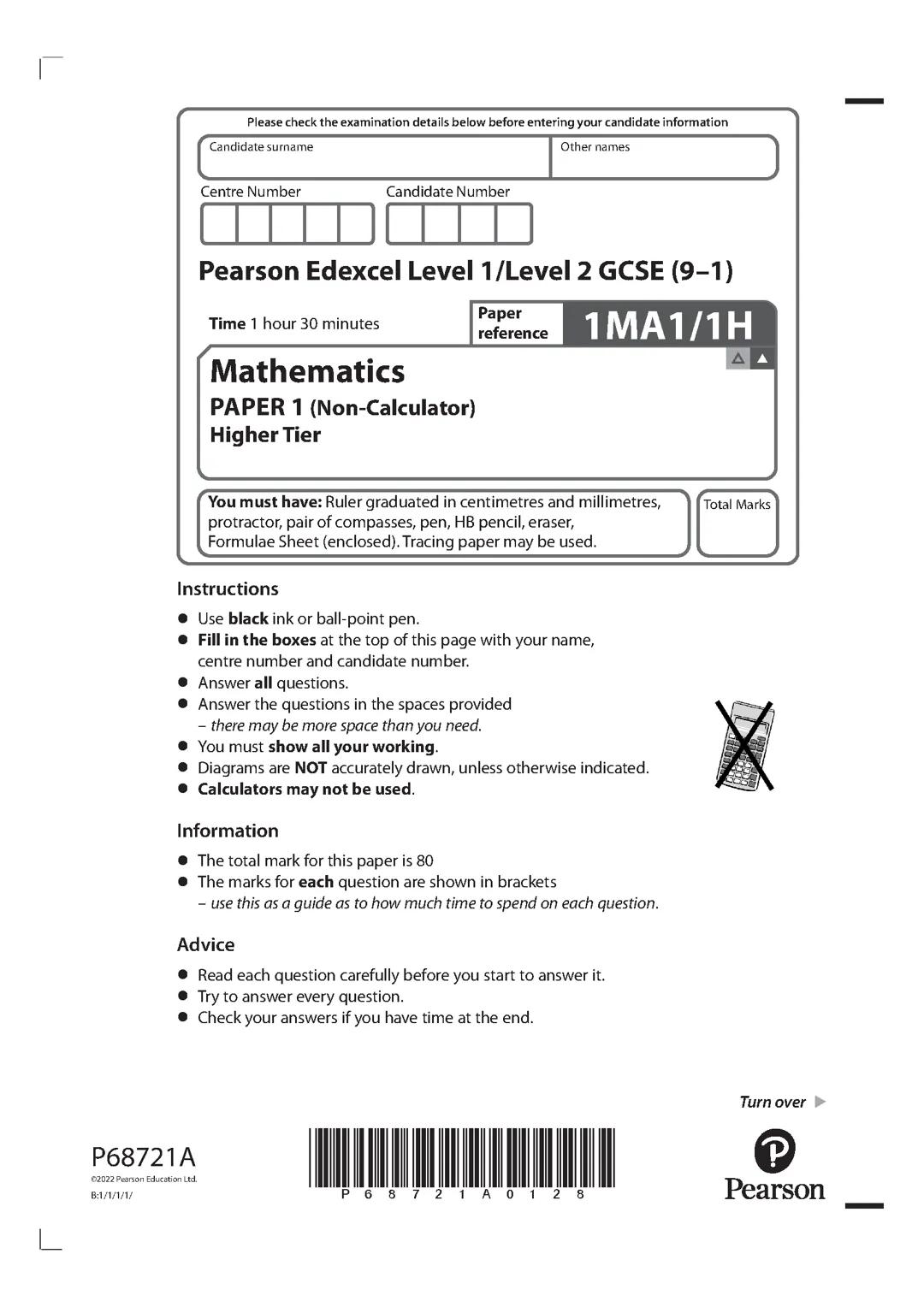 Maths Non calculator Edexcel