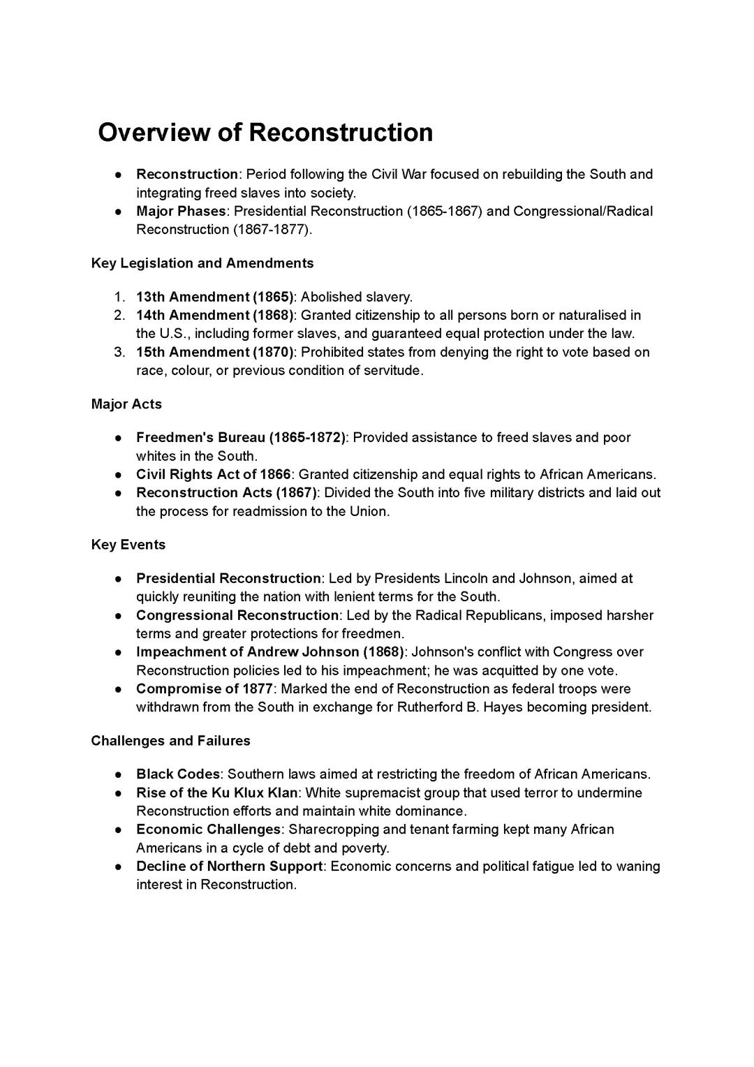 Alevel American History 1865-1920 (Reconstruction to the progressive age) revision notes