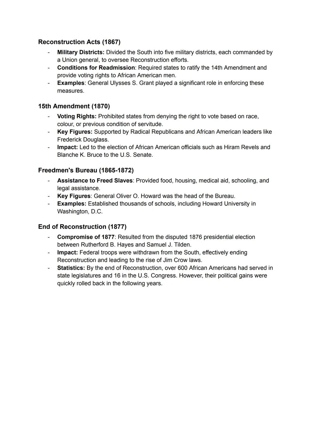 Overview of Reconstruction
Reconstruction: Period following the Civil War focused on rebuilding the South and
integrating freed slaves into