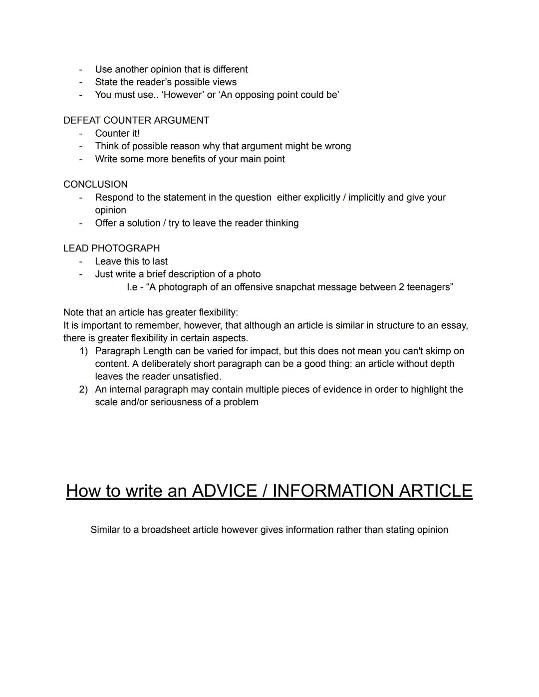 English Language Cheat Sheet
Possible for types of text we would have to write.
A talk
A formal letter
Article Opinion/Advice
A report
Revie