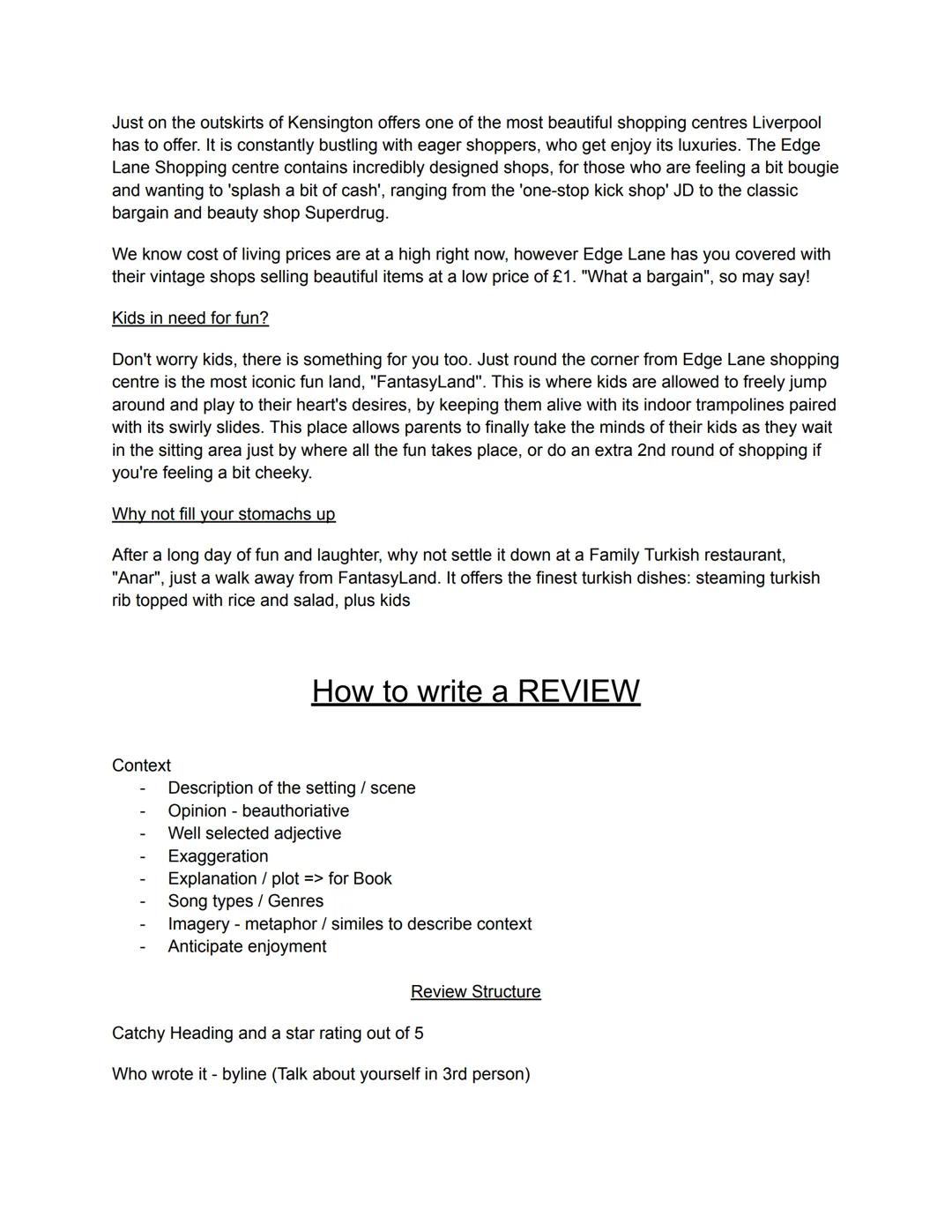 English Language Cheat Sheet
Possible for types of text we would have to write.
A talk
A formal letter
Article Opinion/Advice
A report
Revie