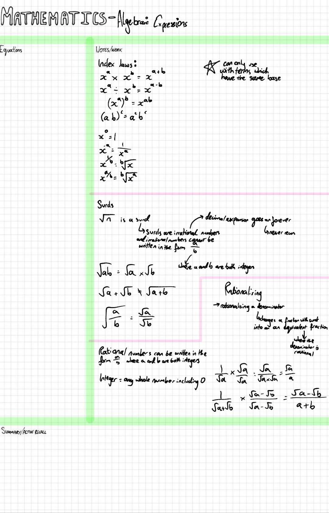 Pure Mathematics
+ X
I
i
Year 1 MATHEMATICS-Algebraië Cxpessions
Equations
NOTES/WORK
Index laws:
a
x x x = x
x = x = x
a+b
a-b
(x) = xab
(a