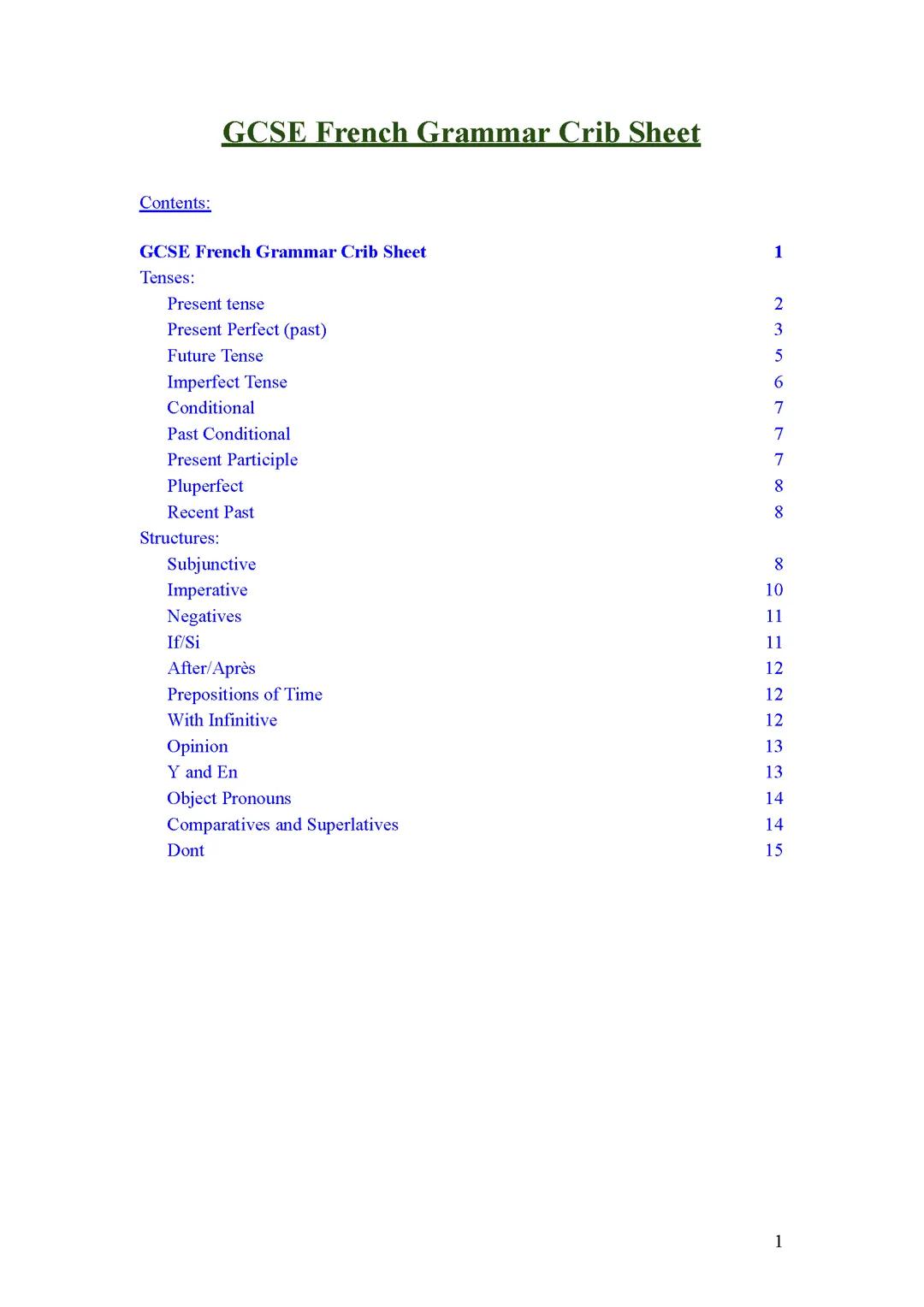 GCSE French Crib Sheet