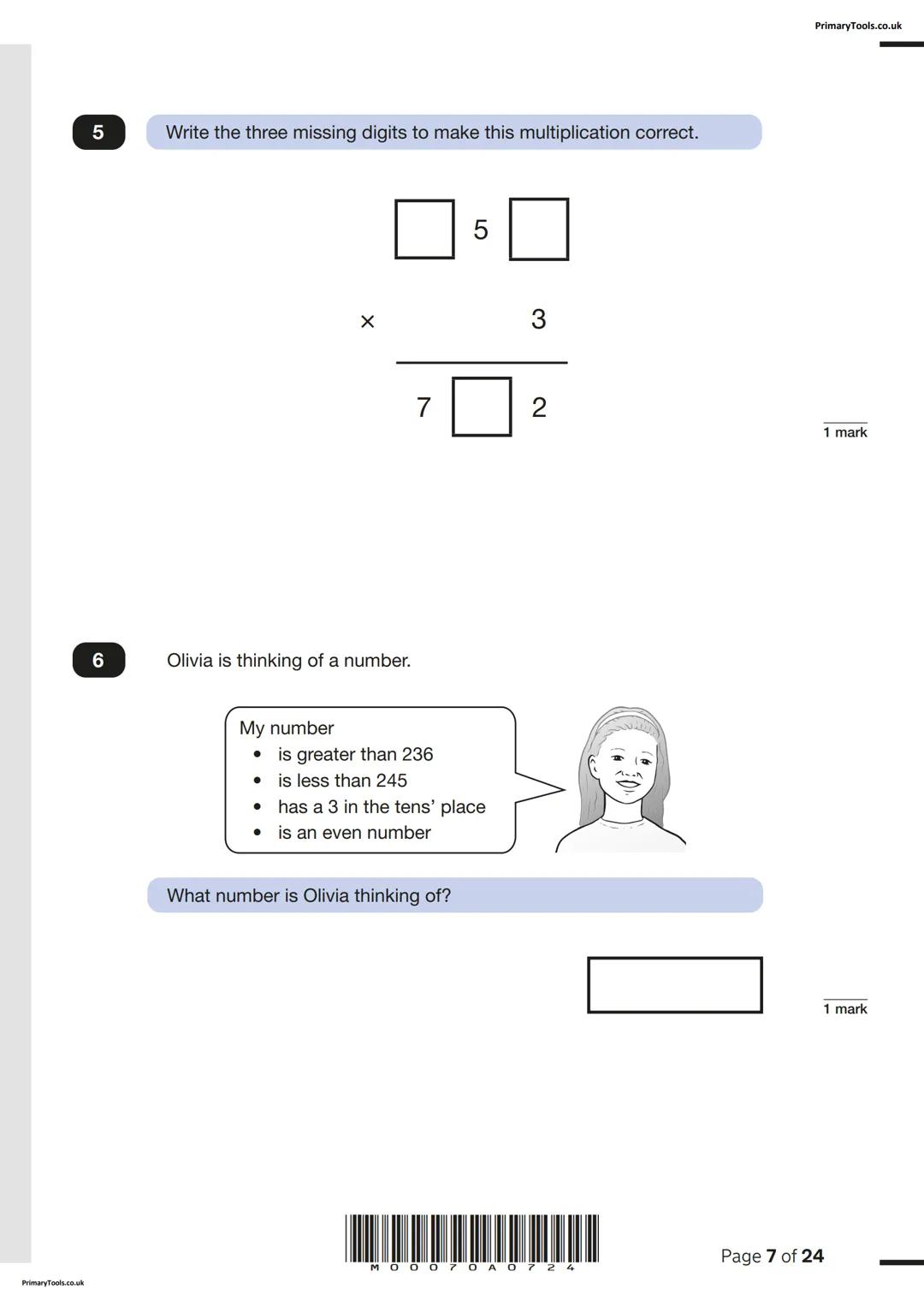 2024 national curriculum tests
Key stage 2
Mathematics
Paper 2: reasoning
First name
Middle name
Last name
Date of birth
Day
Month
Year
Scho